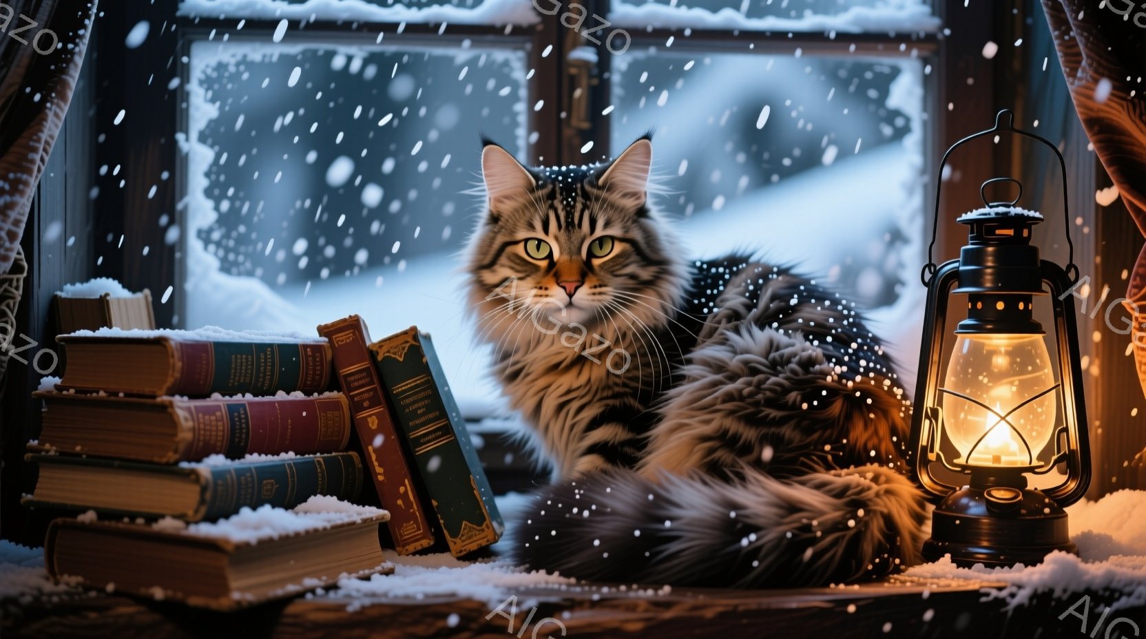 長毛の猫が積み重ねられた古い本の上に横たわっており、窓の外は雪が降っている様子が描かれています。猫は落ち着いた表情で、窓から差し込む暖かな光と、傍らに置かれた点灯したランタンが、冬の穏やかな雰囲気を醸 - AI生成フリー素材