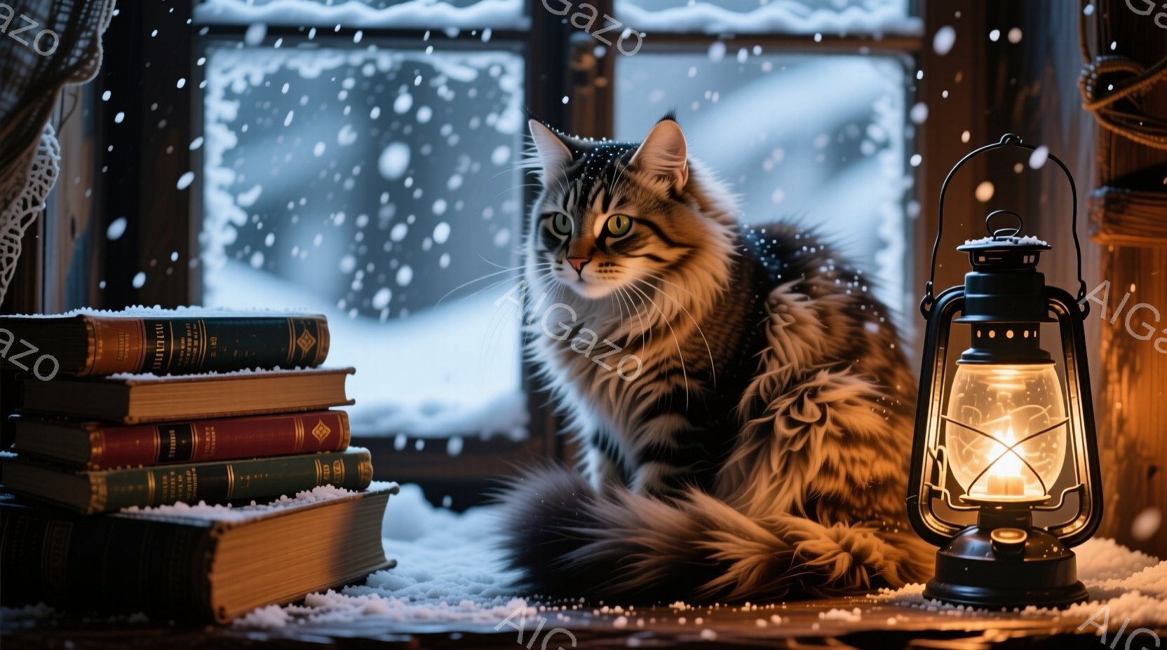 雪が降る窓辺で、毛並みの美しい縞模様の猫が、積み重ねられた古書の上にゆったりと横たわっている。背後にはぼんやりと雪景色が見え、暖かく光るランタンが猫の隣に置かれ、室内は落ち着いた温かい雰囲気に包まれて - AI生成フリー素材