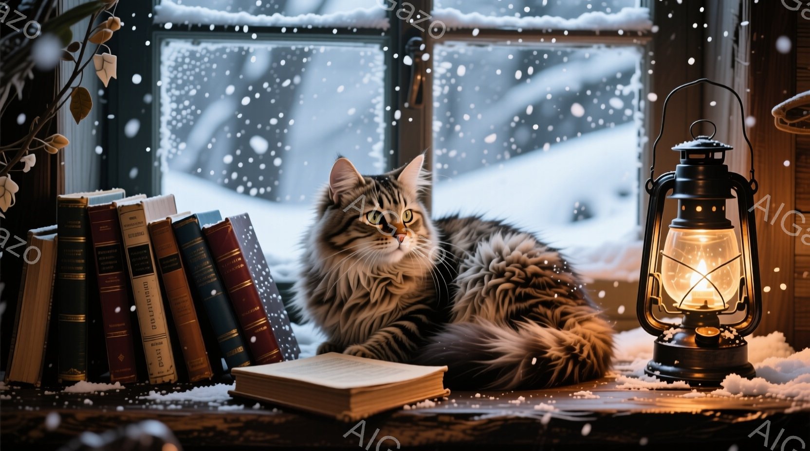 窓辺に置かれた古書に寄り添う、毛並みの美しい縞模様の猫が描かれています。背景には雪が舞う冬景色が広がり、暖かく光るランタンが猫と本を照らし出しています。全体的に温かく、静かで、安らぎのある冬の日の雰囲 - AI生成フリー素材