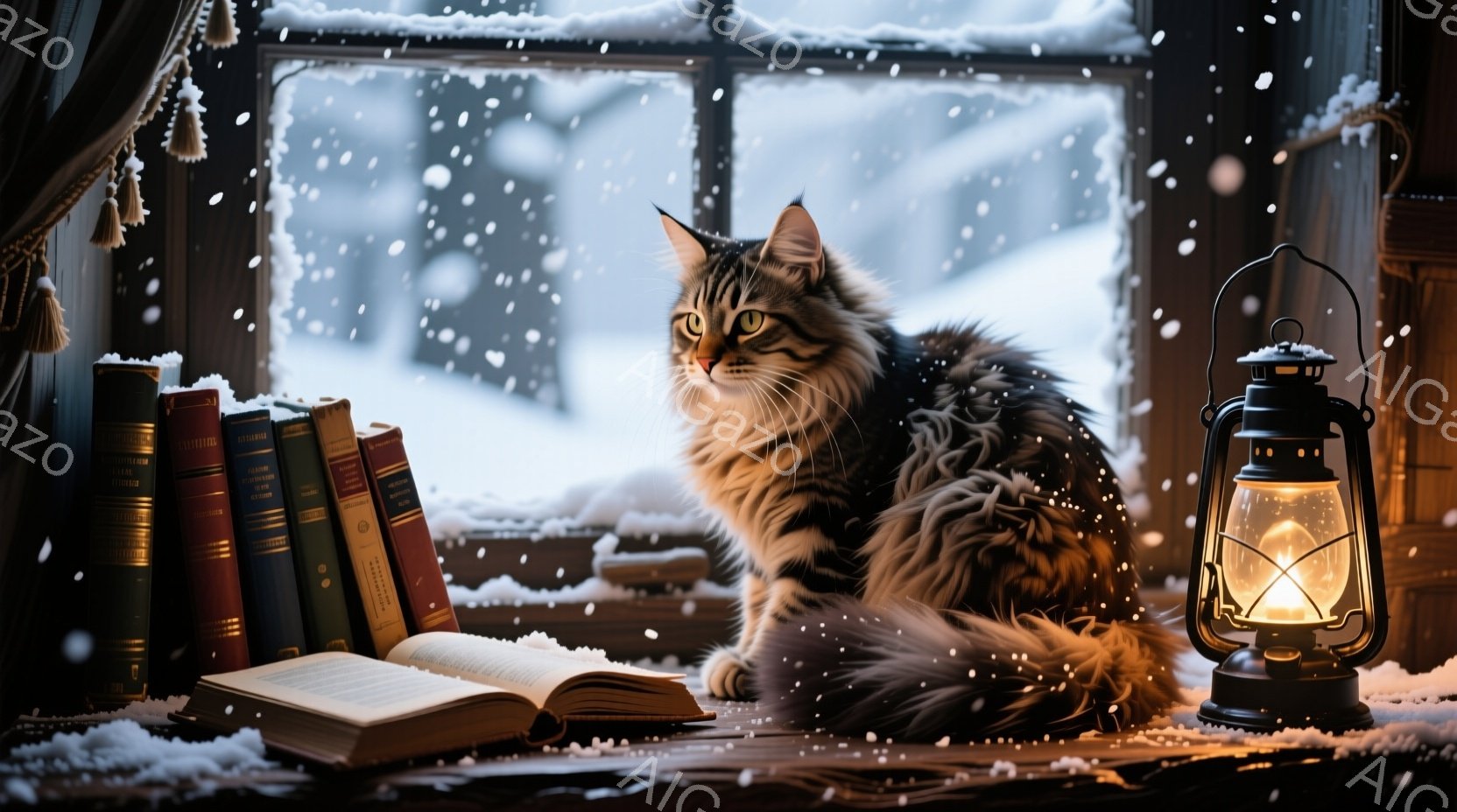 ふわふわの縞模様の猫が窓辺に座り、外の雪景色を見下ろしている。窓台には、古書が積み重ねられ、開いた本が置かれ、オイルランプが灯っている。外は雪が降り積もり、白く一面に覆われた冬の風景が広がっている。