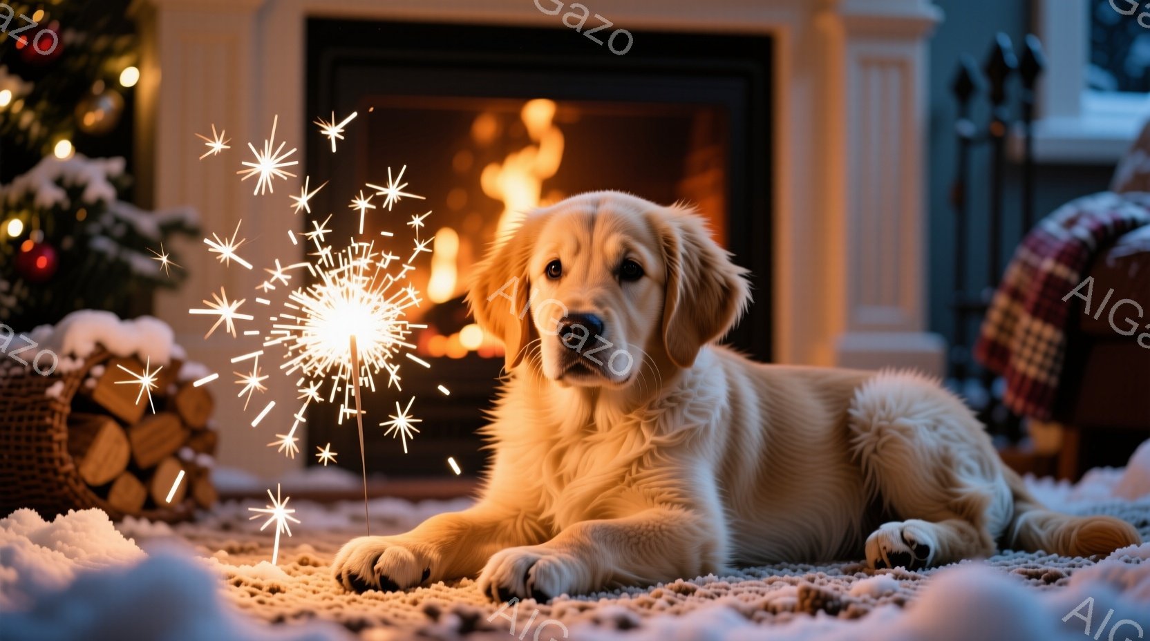 ゴールデンレトリバーの子犬が、暖炉の前にある白い毛布の上に横たわっています。背景にはクリスマスツリーと薪が積まれたかごが見え、暖炉の火が暖かく優しい光を放っています。全体的に、温かく、居心地の良い、お - AI生成フリー素材