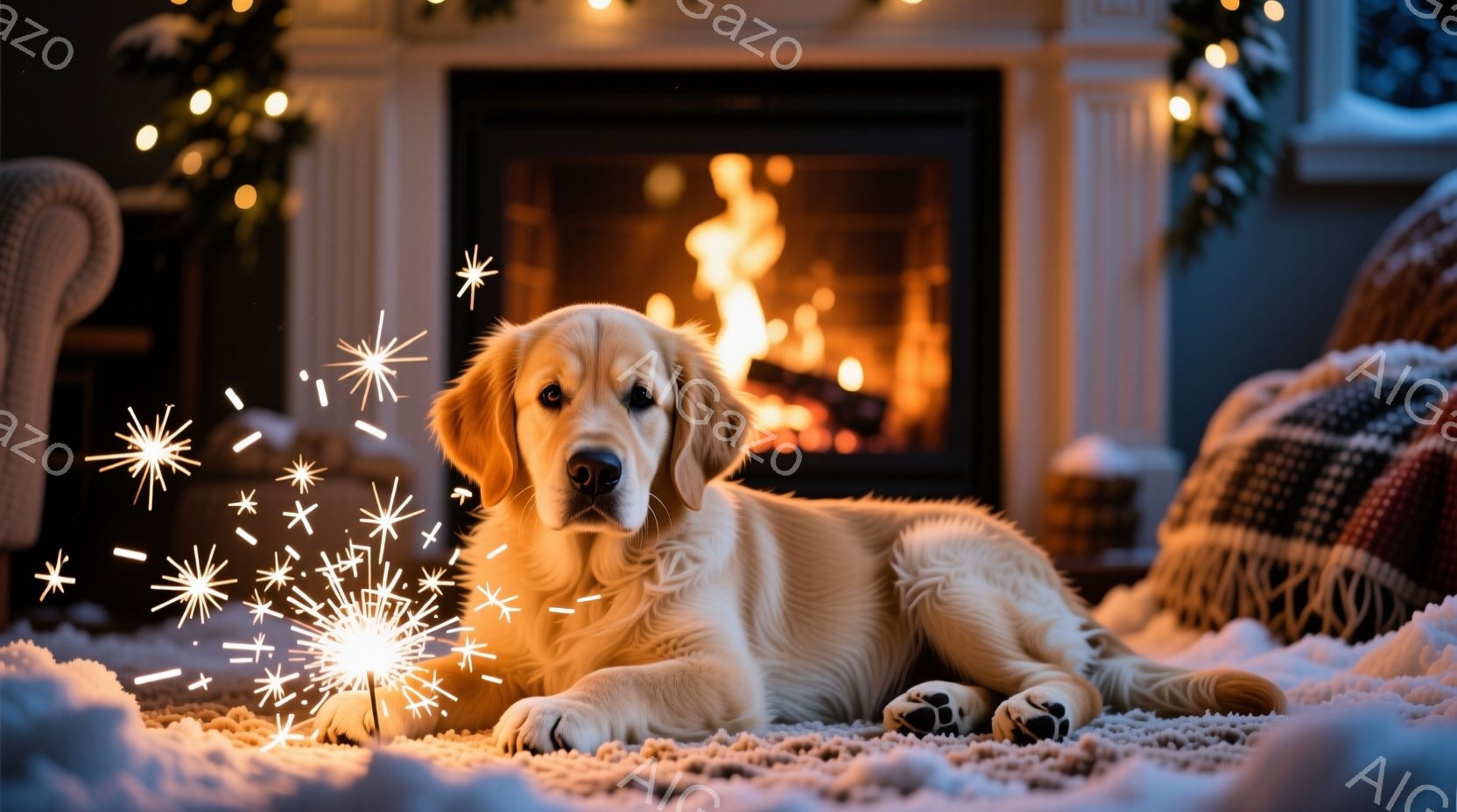 暖炉の前で金色のレトリバーがリラックスして横たわっています。柔らかい毛並みと穏やかな表情が印象的で、まるで温かい炎と心地よい空間を楽しんでいるようです。背景にはクリスマス装飾が施された暖炉と、白い毛布 - AI生成フリー素材