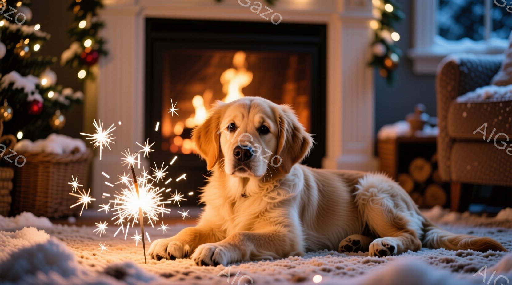 黄金色のレトリバーが、暖炉の前に敷かれた白いカーペットの上でリラックスして横たわっています。背景にはクリスマスツリーが飾られ、暖炉からは温かい光が灯り、心地よいクリスマスの雰囲気を醸し出しています。犬 - AI生成フリー素材