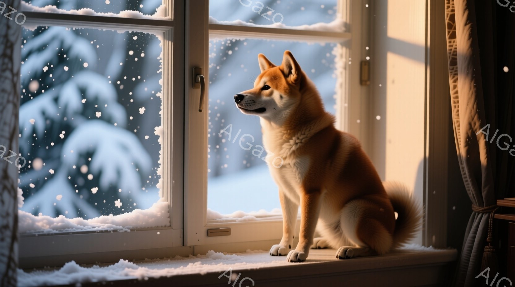 窓辺に柴犬が座っており、外は雪景色です。犬は落ち着いた表情で遠くを見つめており、暖かい室内とのコントラストが印象的です。背景には雪に覆われた木々が見え、静かで穏やかな冬の雰囲気が漂っています。 - AI生成フリー素材