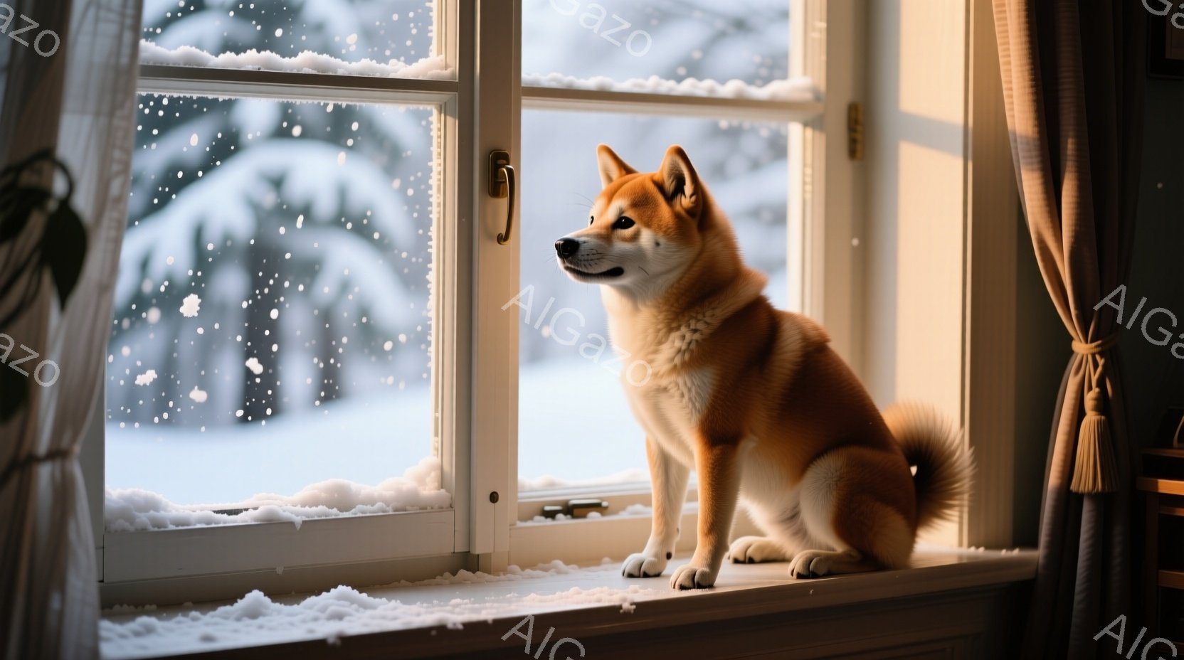柴犬が雪の降る窓辺に座って外を眺めている。窓の外には雪に覆われた木々と白い景色が広がり、室内は暖かく穏やかな雰囲気が漂っている。暖炉の光と窓辺の光が犬の毛並みを照らし、冬の静けさの中に温かい光が差し込 - AI生成フリー素材