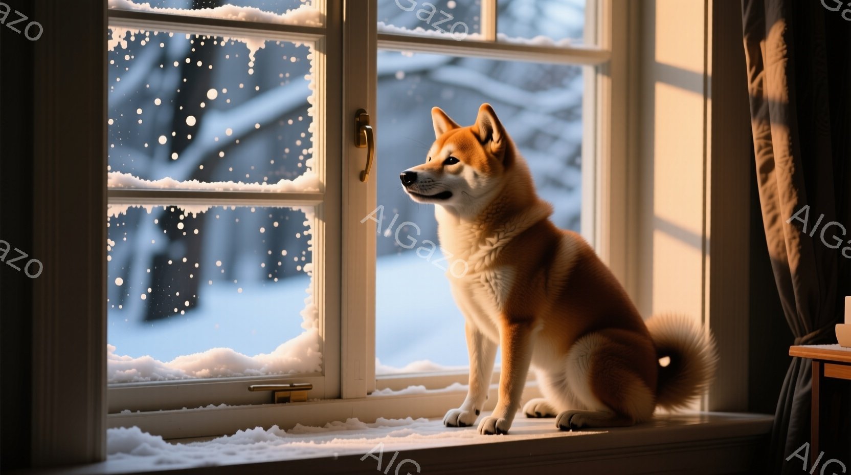 柴犬が窓辺に座り、外の雪景色を眺めている。窓枠には雪が積もり、室内には温かい光が差し込んでいる。雪景色と室内からの温かい光が、静かで穏やかな冬の雰囲気を醸し出している。 - AI生成フリー素材