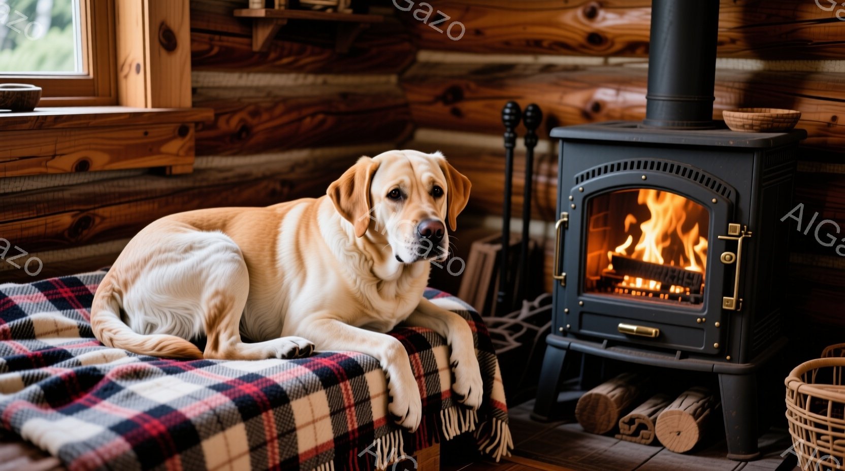 温かい光が差し込む、木造コテージの室内で、クリーム色のラブラドール・レトリバーがチェック柄のブランケットの上に横たわっています。犬はリラックスした表情で、穏やかな眼差しでこちらを見ています。暖炉の火が - AI生成フリー素材