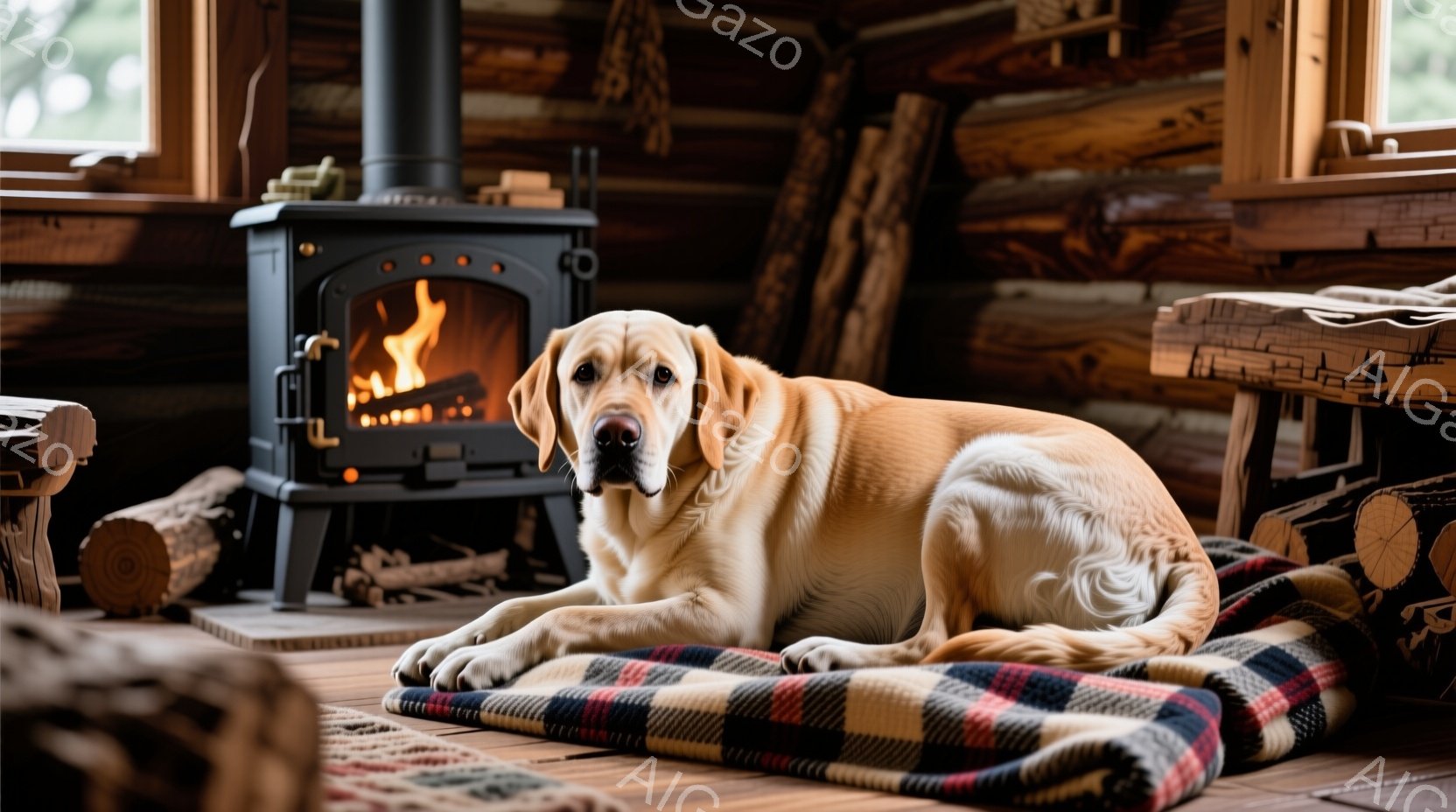 暖炉のそばで、クリーム色のラブラドール・レトリバーが赤いチェックの毛布の上に横たわっています。その犬はリラックスした表情で、正面を見ており、木の壁と薪が背景に見えます。室内は温かく、居心地の良い雰囲気 - AI生成フリー素材