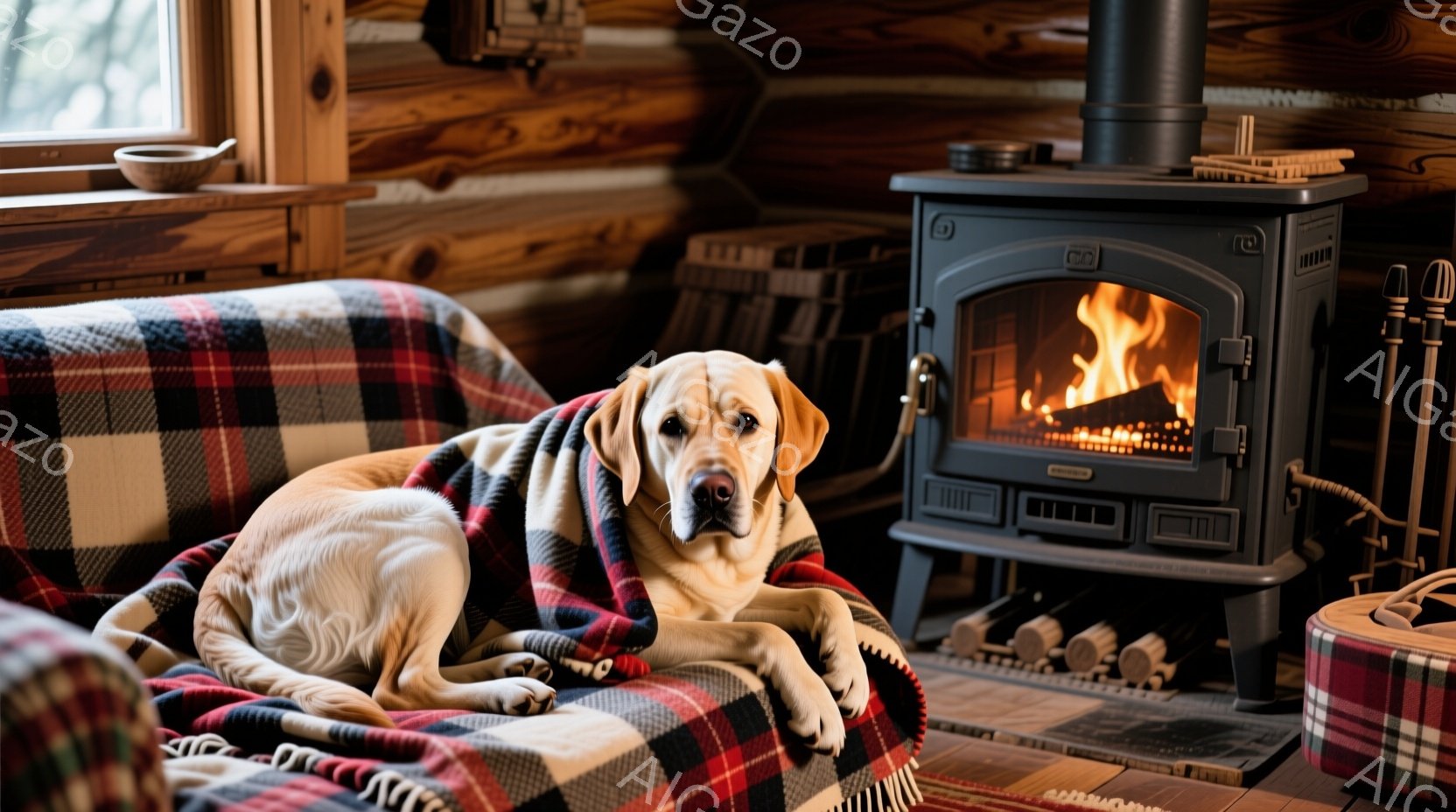 暖炉の前に、チェック柄のブランケットの上に穏やかに横たわるラブラドール・レトリバーが写っている。犬はリラックスした表情で、どこか遠くを見つめているようだ。背景は木の壁で覆われた部屋で、暖炉の炎が心地よ - AI生成フリー素材