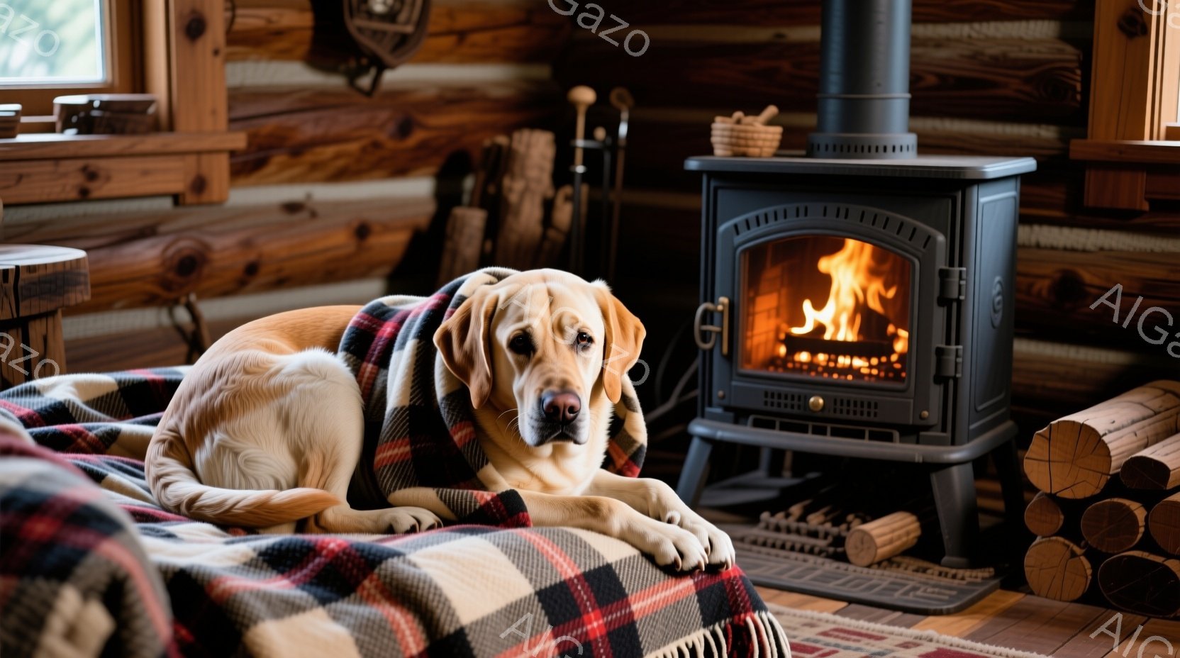 暖炉のそばで、チェック柄の毛布の上に横たわるゴールデンレトリバーが描かれています。犬はリラックスした表情で、カメラの方を穏やかに見つめています。背景には木製の壁と薪が積み重ねられた様子が確認でき、温かく居心地の良い雰囲気が漂っています。