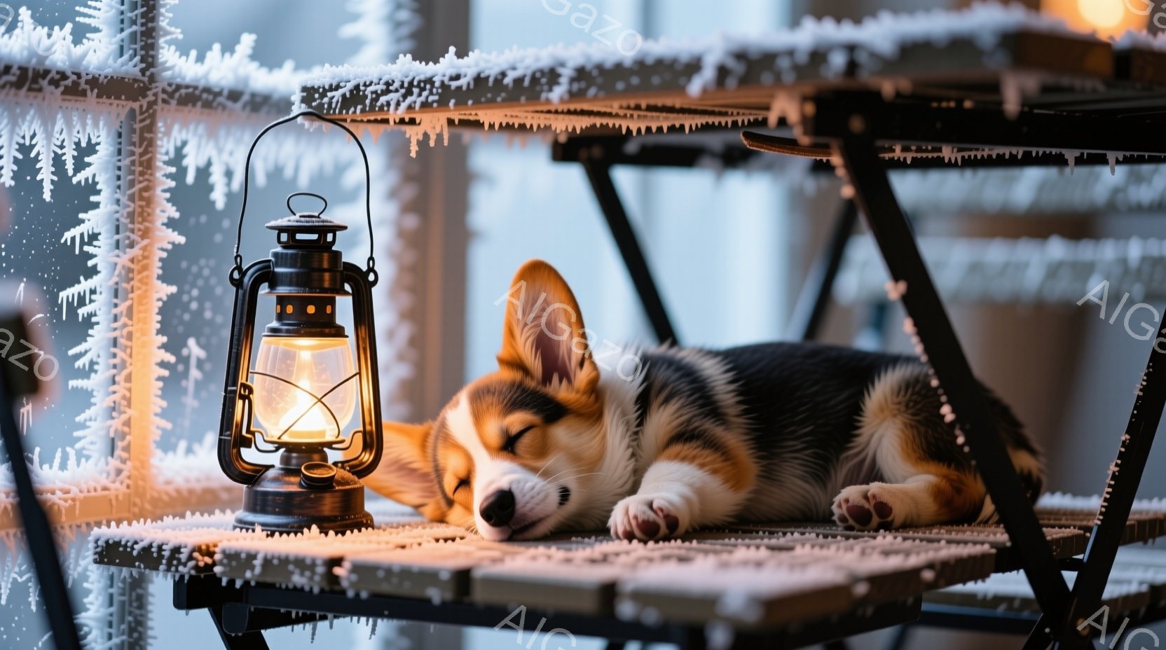 雪が降り積もった窓辺の折り畳みテーブルの上で、コルギの犬が丸まって眠っている。テーブルの上には、暖かく光るオイルランプが置かれ、犬を優しく照らしている。外は雪景色で、静かで穏やかな冬の日の雰囲気が漂っている。