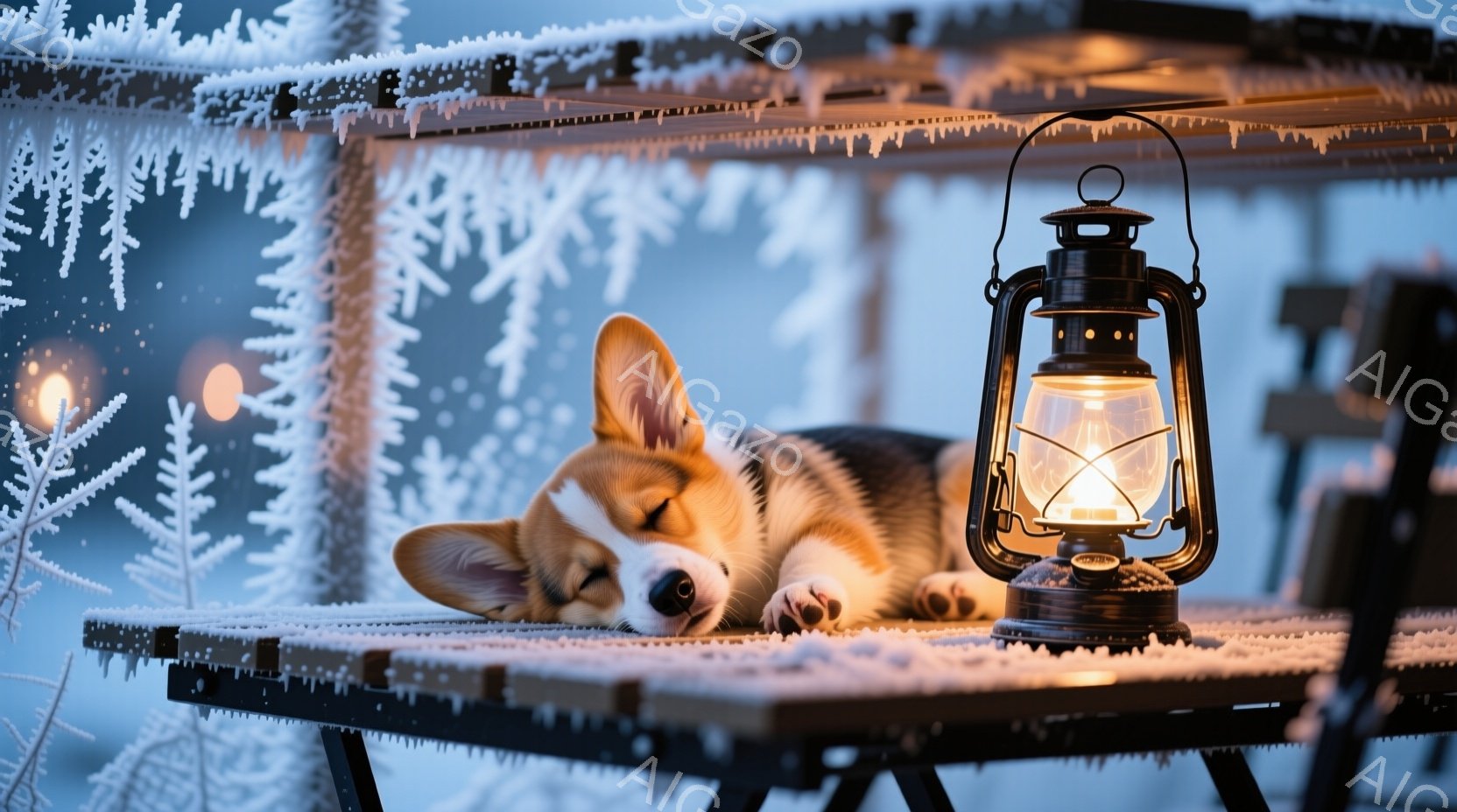 雪に覆われた木製のテーブルの上で、コーギーの子犬が丸まって眠っている。テーブルの横には、温かい光を放つ古いランタンが置かれ、背景には雪の結晶が輝き、冬の静かで穏やかな雰囲気を醸し出している。暖かくほっとする光と雪景色が、子犬の安らかな眠りをさらに引き立てている。