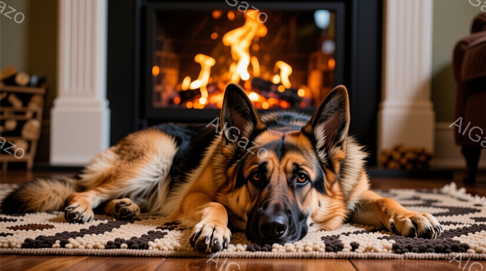 暖炉の前に、ドイツシェパードが床のラグの上で横たわっています。その犬はリラックスした様子で、まっすぐ前を見つめ、まるで何かを待っているかのように穏やかな表情をしています。背景には、燃え盛る暖炉と、木製 - AI生成フリー素材