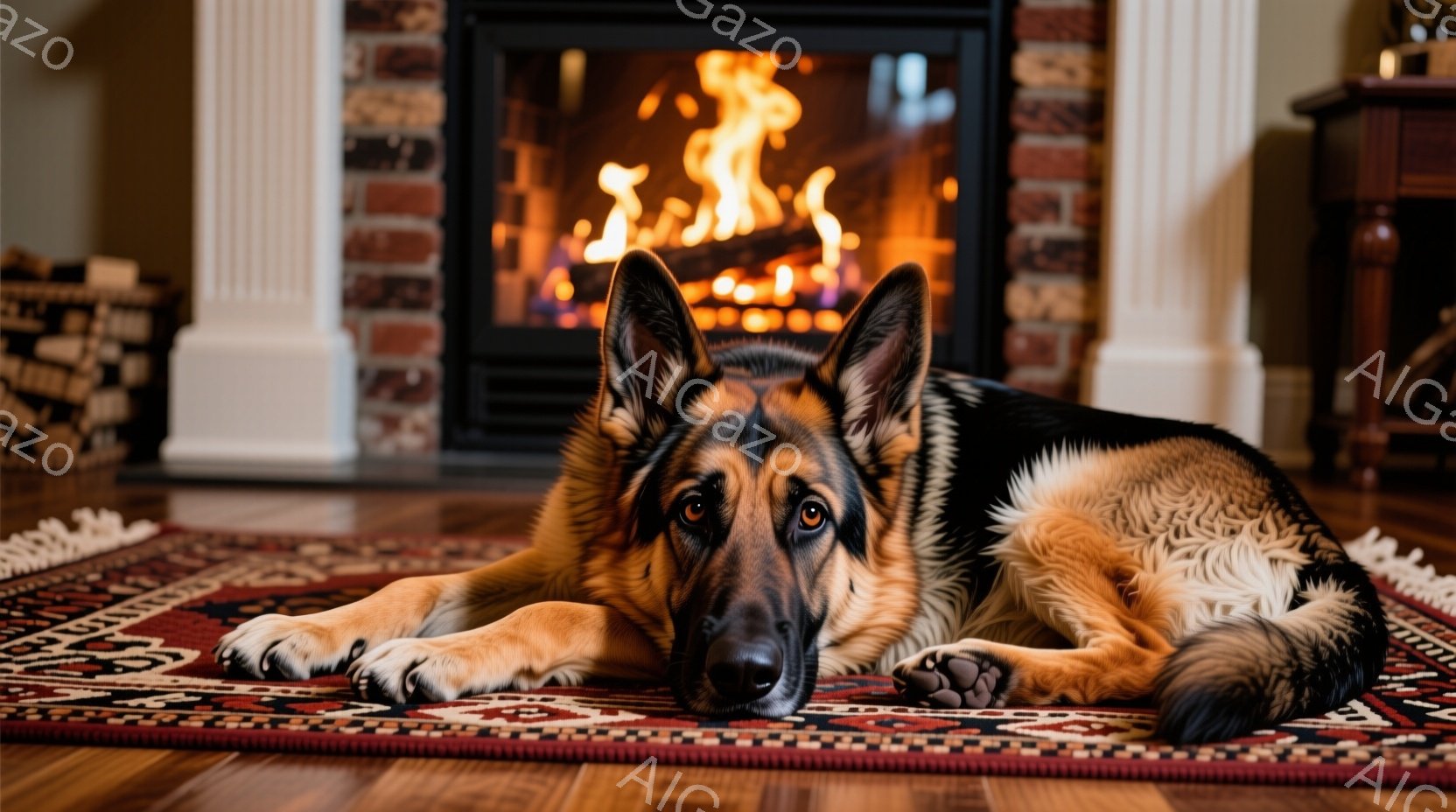 豪華な絨毯の上に、ドイツシェパードがリラックスして横たわっています。暖炉の炎が背景にあり、部屋全体を温かく照らしています。犬は落ち着いた表情で、まるで家族の一員のようにくつろいでいます。 - AI生成フリー素材