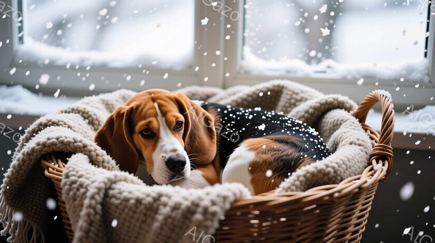 茶色と白のまだら模様のビーグル犬が、ざっくりとした編み物の毛布が敷かれた籐のバスケットの中で丸まって眠っています。犬は穏やかな表情で、リラックスした雰囲気です。背景にはぼやけた窓があり、雪が降っている - AI生成フリー素材