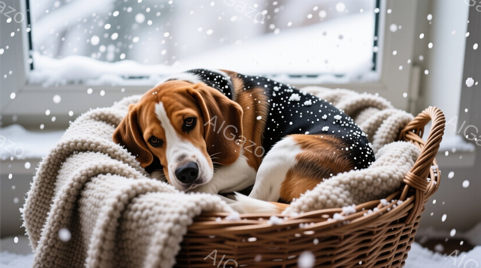 暖かい籐のバスケットにビーグル犬が丸まって横たわっています。犬は白、黒、茶色の毛並みで、リラックスした表情でカメラを見ています。窓の外では雪が降り、冬の穏やかな雰囲気を醸し出しています。 - AI生成フリー素材