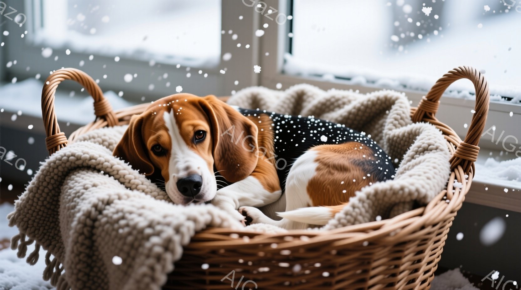 暖炉のそばにある籐の籠の中に、ビーグル犬が丸まって眠っています。犬は白い模様のセーターを着ており、穏やかでリラックスした表情をしています。背景には雪景色が見え、全体的に暖かく居心地の良い雰囲気が漂って - AI生成フリー素材