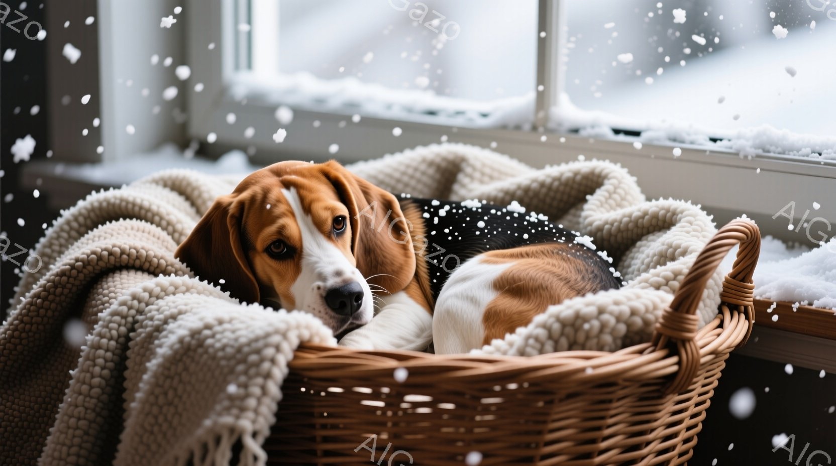 籠の中にビーグル犬が丸まって横たわっており、フワフワの毛布に包まれて暖かそうにしている。窓の外は雪景色で、冬の静かで穏やかな雰囲気が漂っている。ビーグル犬は少し憂いを含んだ優しい表情で、リラックスした - AI生成フリー素材