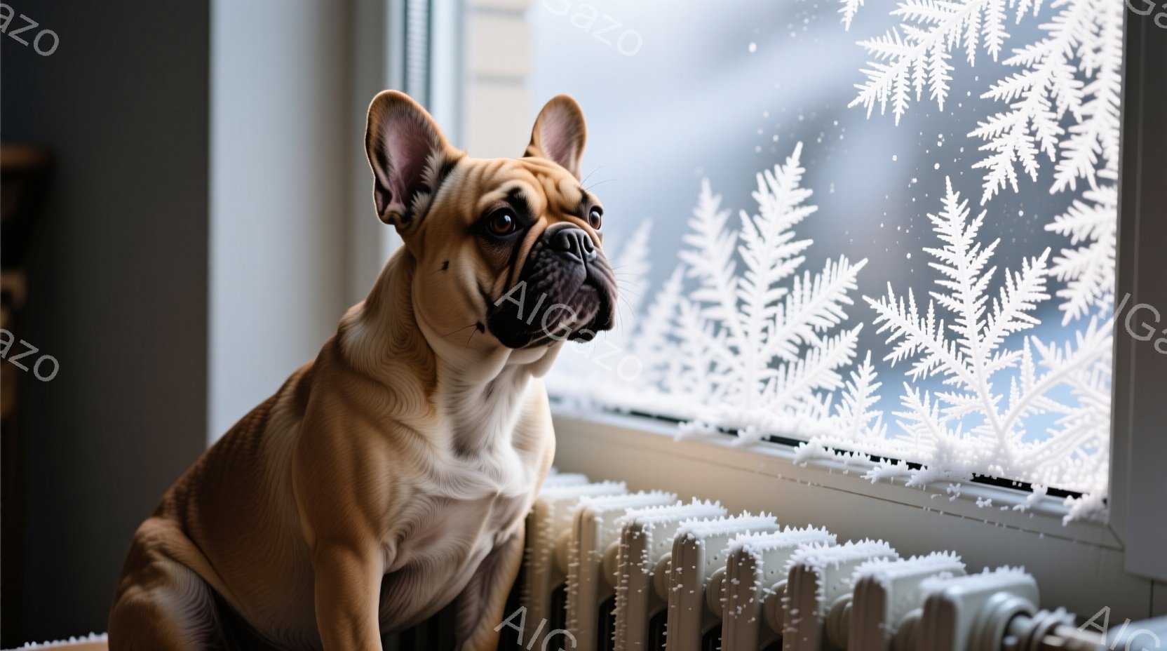 クリーム色のフレンチブルドッグが窓辺に座り、外を見つめています。窓には雪の結晶の模様が描かれており、窓の外は雪景色であることがわかります。暖房器具のラジエーターの上に座っているため、暖かく落ち着いた雰 - AI生成フリー素材