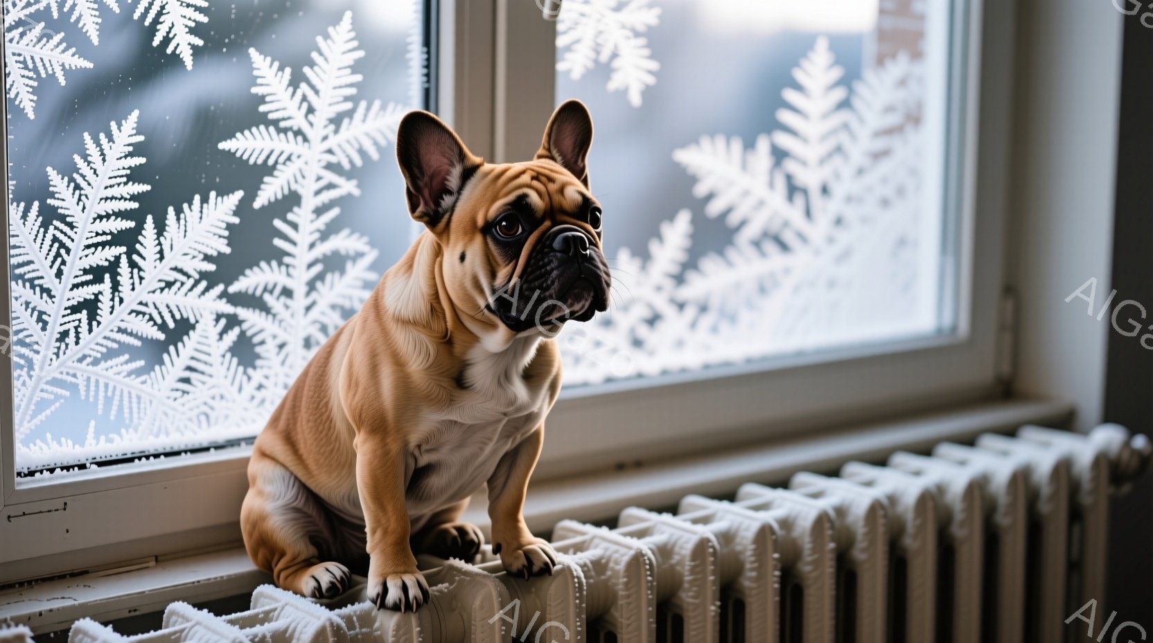 窓辺に座った茶色のフレンチブルドッグが、少し上目遣いでこちらを見ている。背景には雪の結晶のような模様が描かれた窓があり、窓の外は雪景色となっている。暖房器具の上でリラックスした様子で、冬の静かで穏やか - AI生成フリー素材