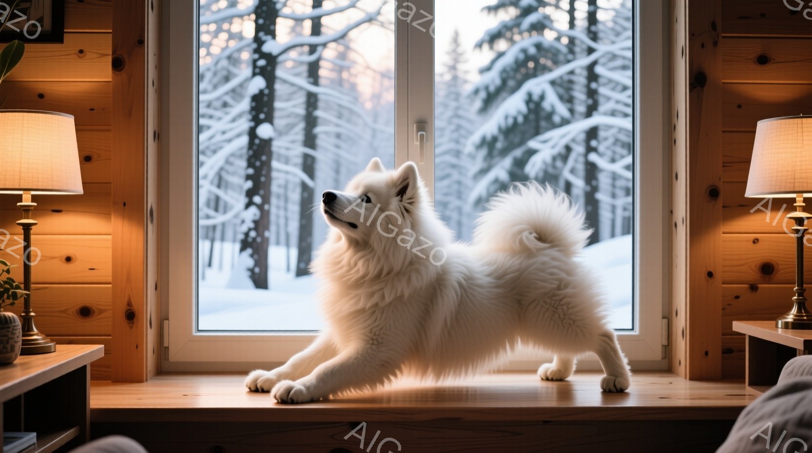 白い牧羊犬が窓枠に前足をかけて立ち、外を見つめている。背景には雪に覆われた森が広がり、窓の外は冬の景色が広がっている。室内は木の壁で囲まれ、暖かく穏やかな雰囲気が漂っている。