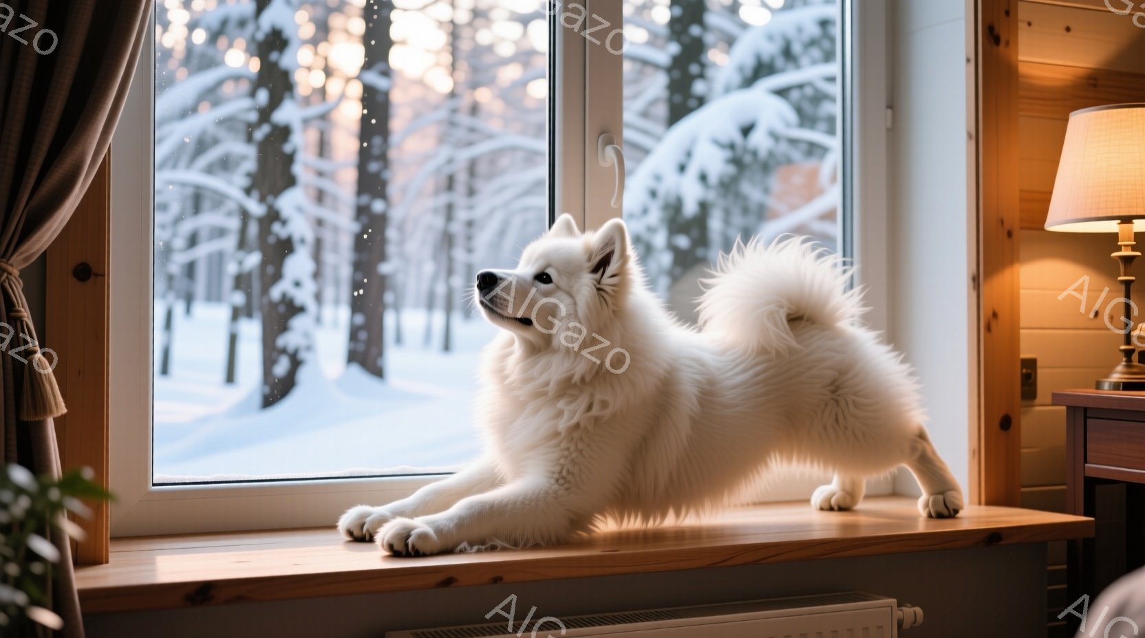 白い毛並みの大きな犬が窓辺に立ち、外の雪景色を眺めている。窓の外には雪に覆われた木々が広がり、室内には暖かく落ち着いた雰囲気が漂っている。犬はリラックスした様子で、まるで冬の静けさを楽しんでいるかのよ - AI生成フリー素材