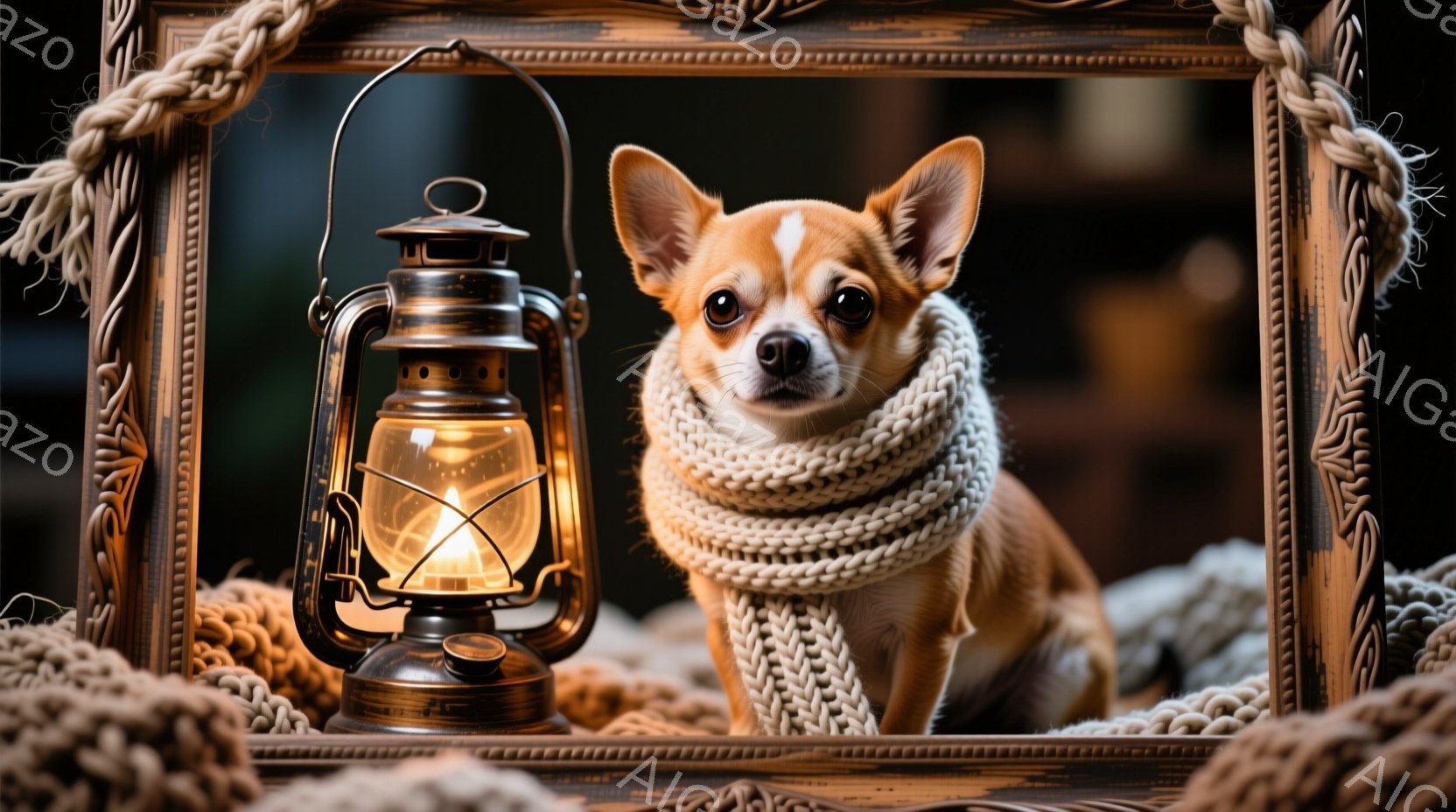 小さな茶色のチワワが、太い編み物のマフラーを巻いて、カメラに向かって正面を向いています。背景には、点灯したオイルランプと、それを囲むように巻き付けられた麻のロープが見え、全体的に暖かく落ち着いた雰囲気です。暗い背景とランプの光が、チワワの可愛らしさを引き立てています。