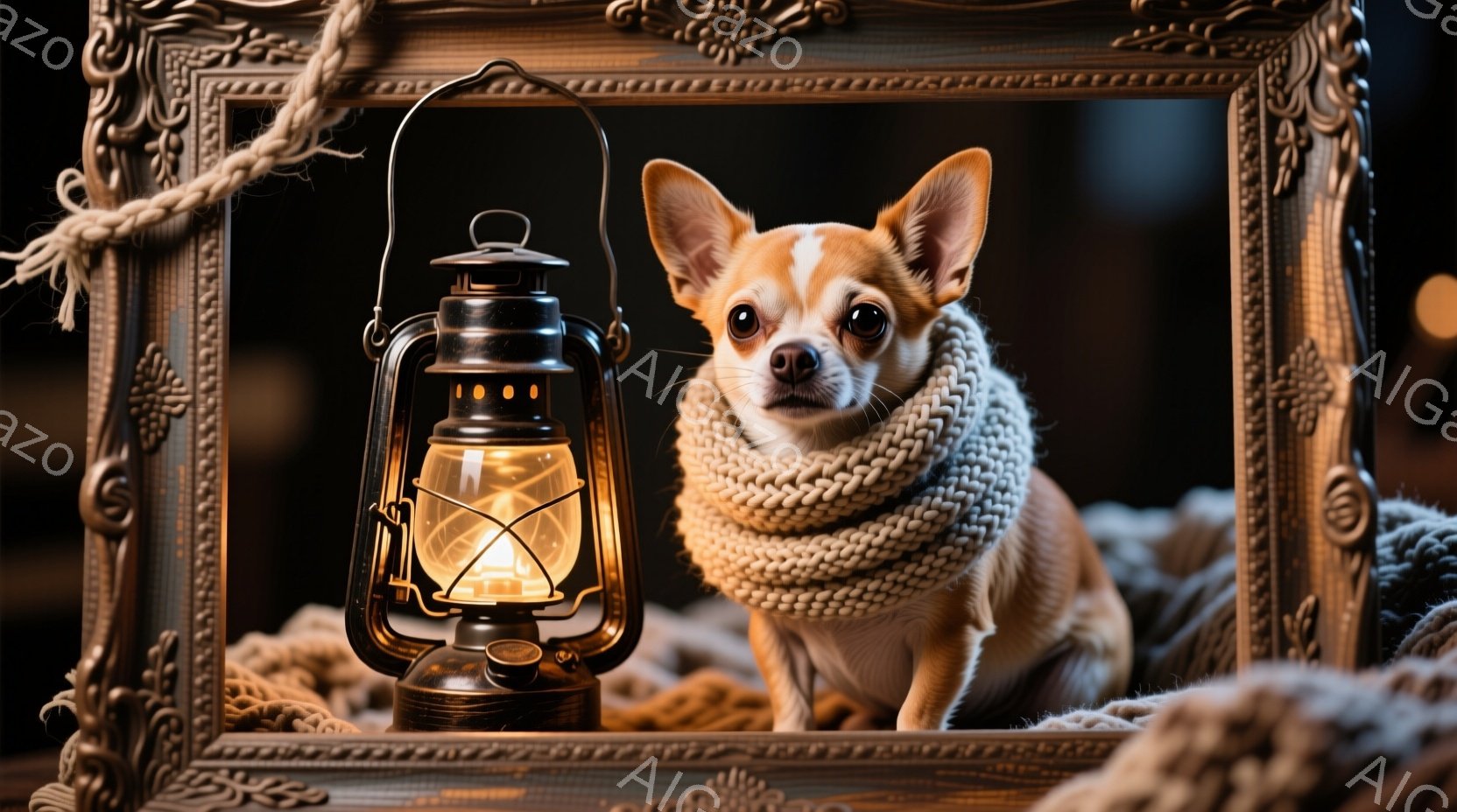 小さなチワワがクリーム色のニットのネックウォーマーを着て、フレームの中に座っています。その表情は少し控えめで、カメラを見つめています。背景には、ロープと、点灯したランタンがあり、温かく落ち着いた雰囲気を醸し出しています。