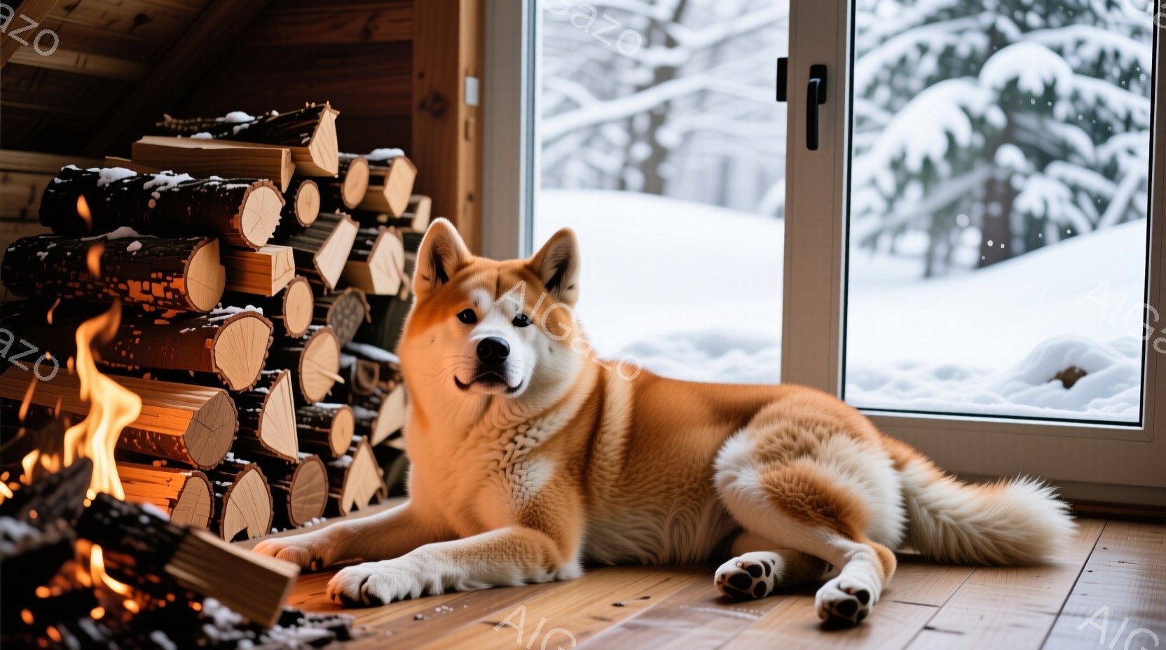 暖炉のそばの木の床に、柴犬が横たわっています。犬はリラックスした表情で、窓の外の雪景色を眺めています。背景には薪が積み上げられ、窓の外は雪に覆われた静かな森が広がっています。