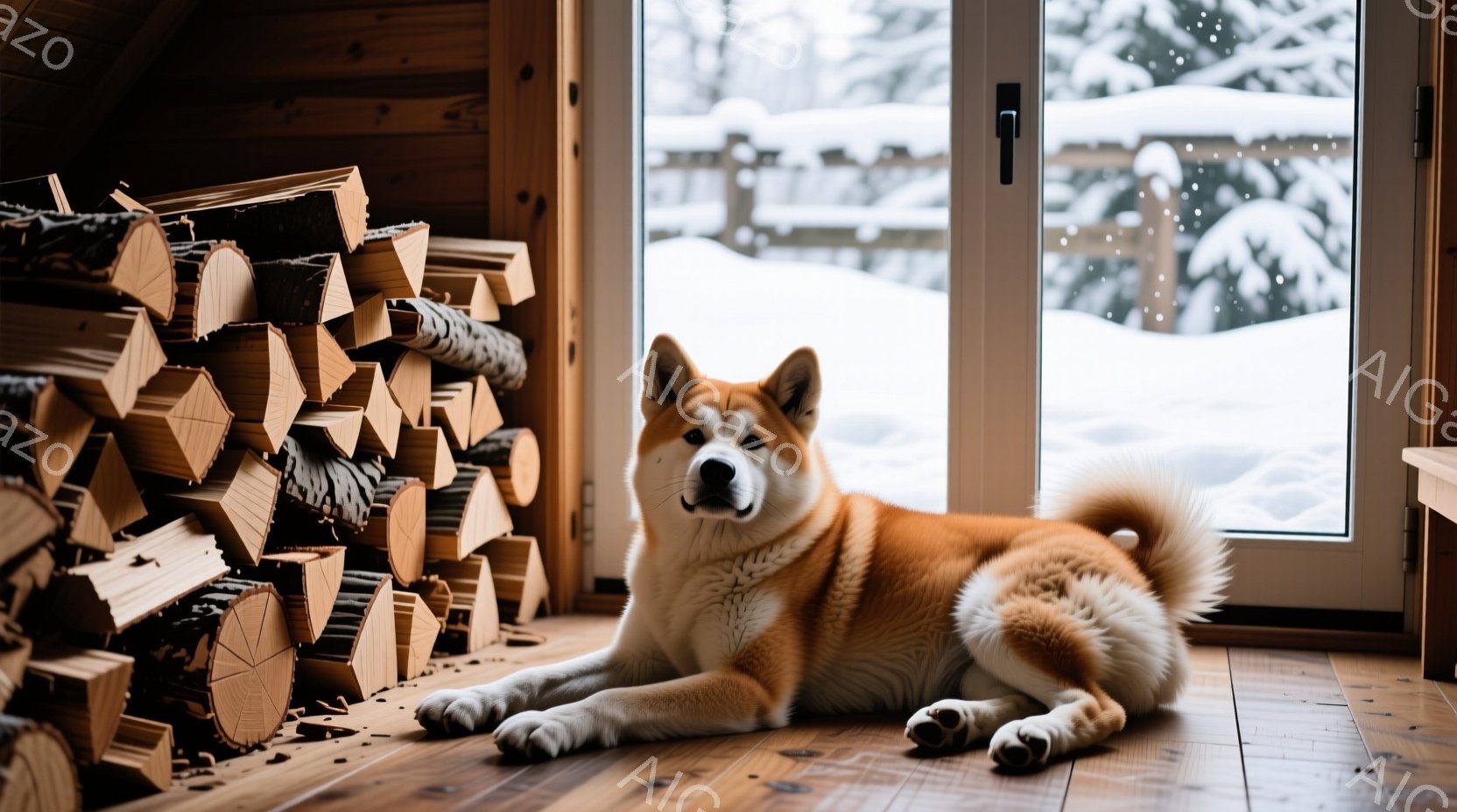 あたたかい木の床に、赤褐色の毛並みの秋田犬が横たわっています。背景には薪の山と、雪景色が見える窓があり、室内は暖かく、犬はリラックスした様子で、穏やかな雰囲気が漂っています。薪ストーブのある山小屋のような、冬の静寂を感じさせる光景です。