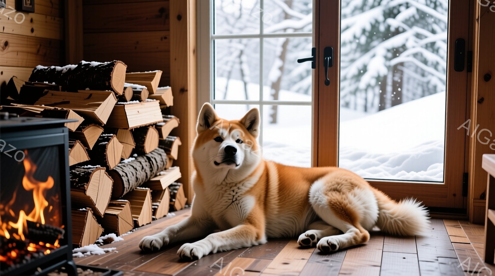 暖炉のそばに、赤褐色の秋田犬が床に横たわっている。背景には薪が積み上げられ、大きな窓からは雪景色が広がり、冬の静寂と温かさが感じられる。犬はリラックスした表情で、穏やかな雰囲気を醸し出している。 - AI生成フリー素材