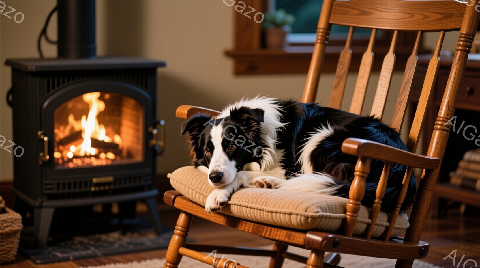 暖炉のそばにあるロッキングチェアに、黒と白のボーダーコリーが横たわっています。その表情はどこか憂いを帯びており、リラックスしながらも少し退屈そうな様子です。背景には木製の家具とバスケットが見え、室内は - AI生成フリー素材