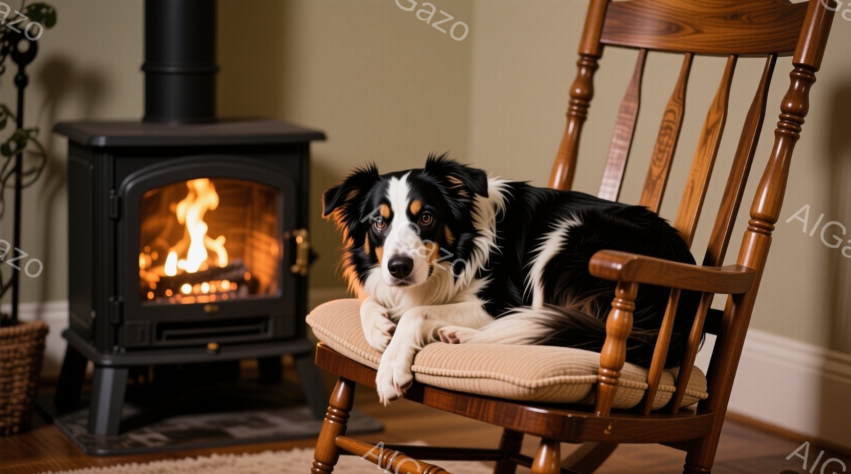 黒と白のボーダーコリーが、クッションの張られたロッキングチェアにリラックスして横たわっています。背景には、炎が燃える暖炉と籐のバスケットが見え、部屋は暖かく落ち着いた雰囲気です。犬は穏やかな表情でカメ - AI生成フリー素材