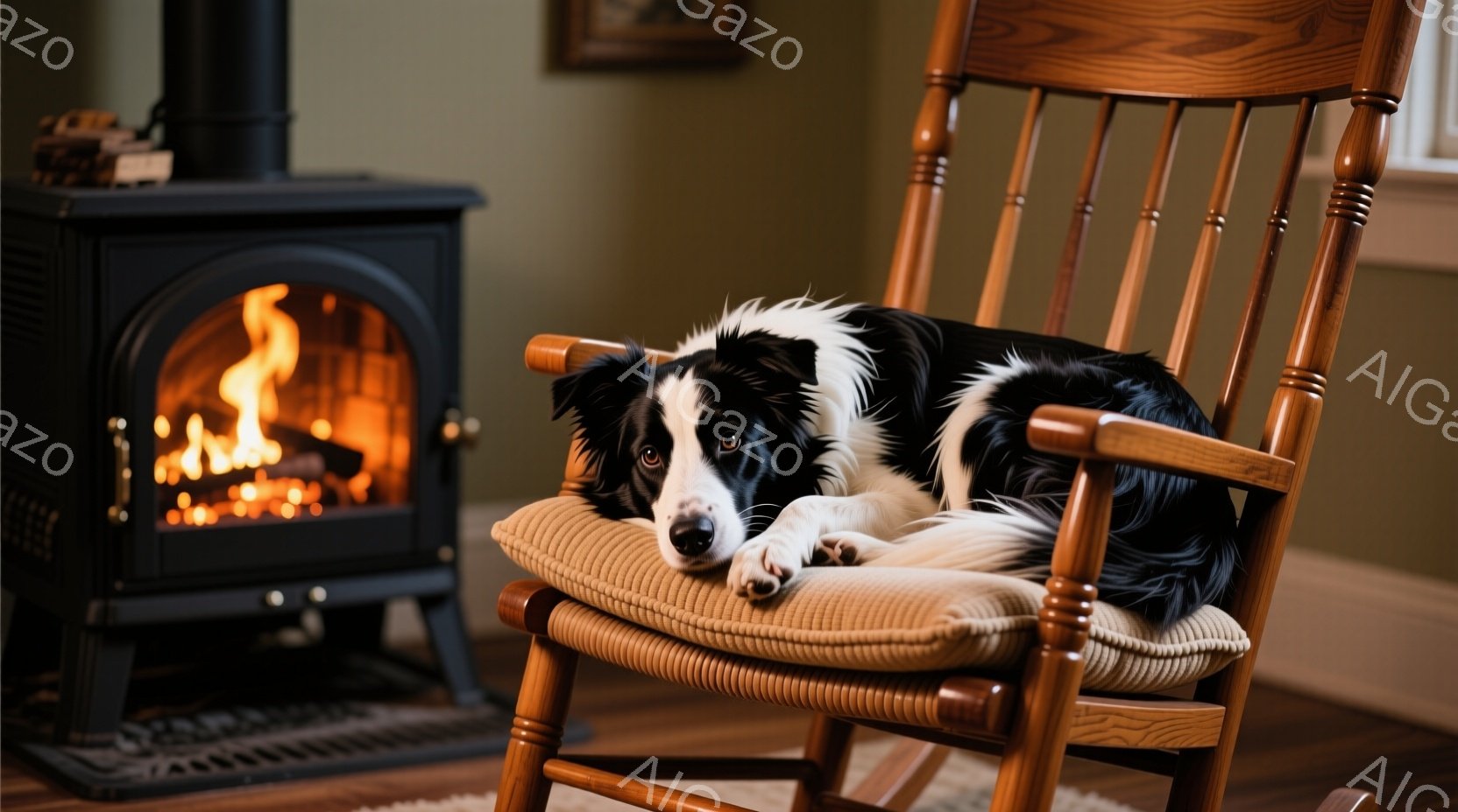 黒と白のボーダーコリーが、クッションの付いたロッキングチェアにゆったりと横たわっている。暖炉が近くで燃えており、部屋全体を温かく照らしている。木製の床と壁の色合いは、居心地の良い、リラックスした雰囲気 - AI生成フリー素材