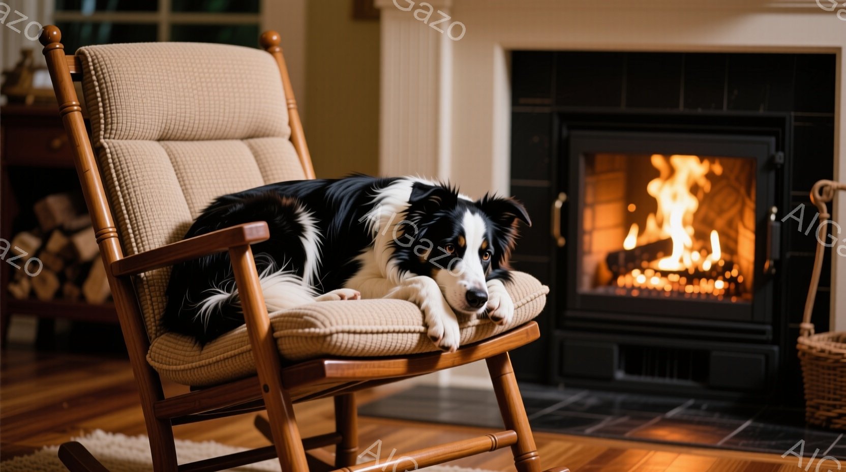 黒と白のボーダーコリーが、クリーム色のロッキングチェアにゆったりと横たわっています。その表情は穏やかで、リラックスした様子が伝わってきます。背景には暖炉があり、燃え盛る炎が部屋全体を温かく照らし、居心 - AI生成フリー素材