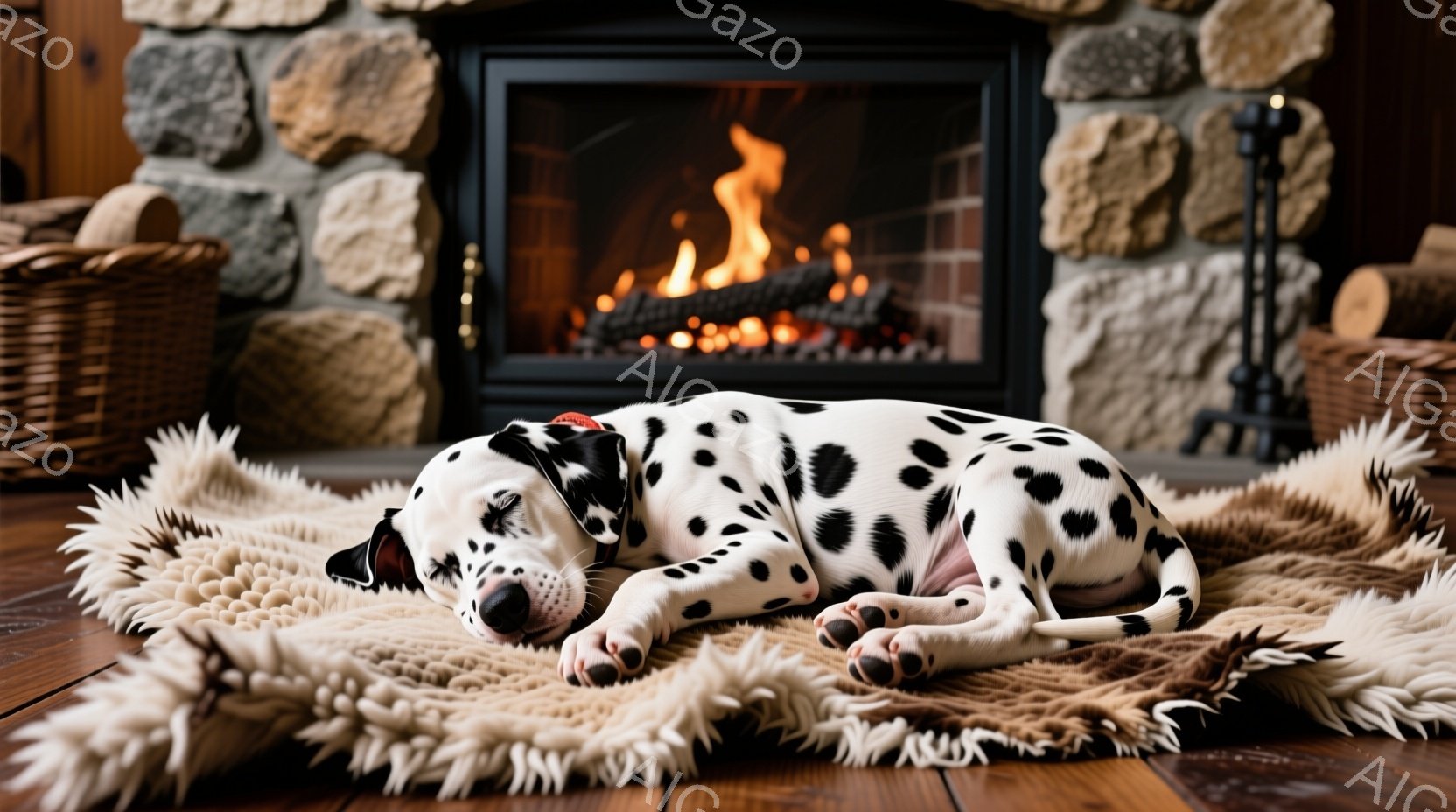 ダルメシアンの子犬が、木の床の上に敷かれたふわふわのラグの上で横たわっています。暖炉が背景にあり、燃え盛る炎が暖かさと安らぎの雰囲気を作り出しています。暖炉の周りには薪が積み重ねられ、室内は温かく居心 - AI生成フリー素材
