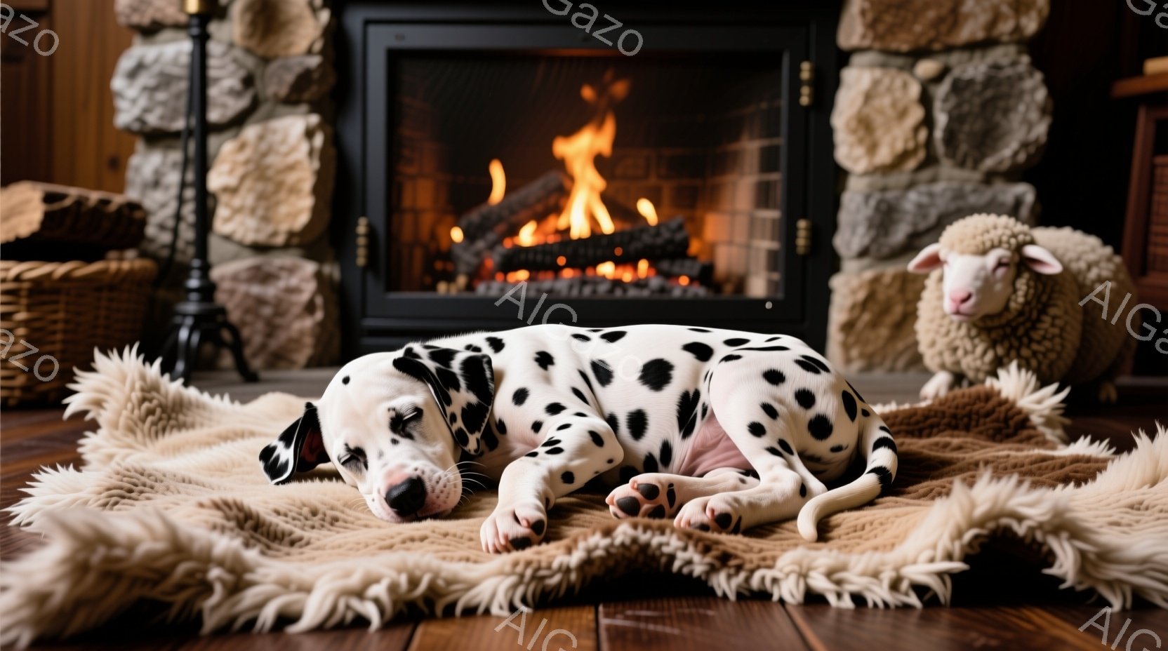 白い斑点模様のダルメシアンの子犬が、毛皮のようなふわふわの敷物の上で丸まって眠っています。背景には石造りの暖炉があり、燃え盛る炎が暖かさを添え、右奥には白い羊のぬいぐるみがあります。木の床と暖炉の温かい光が、居心地の良いリラックスした雰囲気を作り出しています。