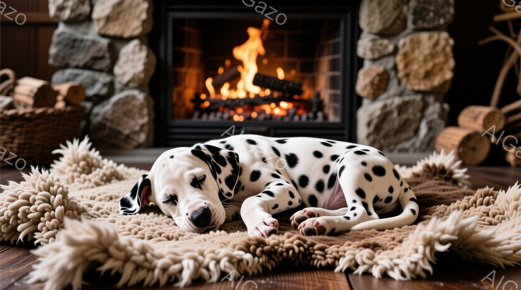 白地に黒い斑点模様のダルメシアンの子犬が、毛足の長いベージュ色のラグの上に仰向けになって眠っています。背景には暖炉があり、燃え盛る炎が暖かさを感じさせます。暖炉は石造りで、薪が積み重ねられており、居心 - AI生成フリー素材
