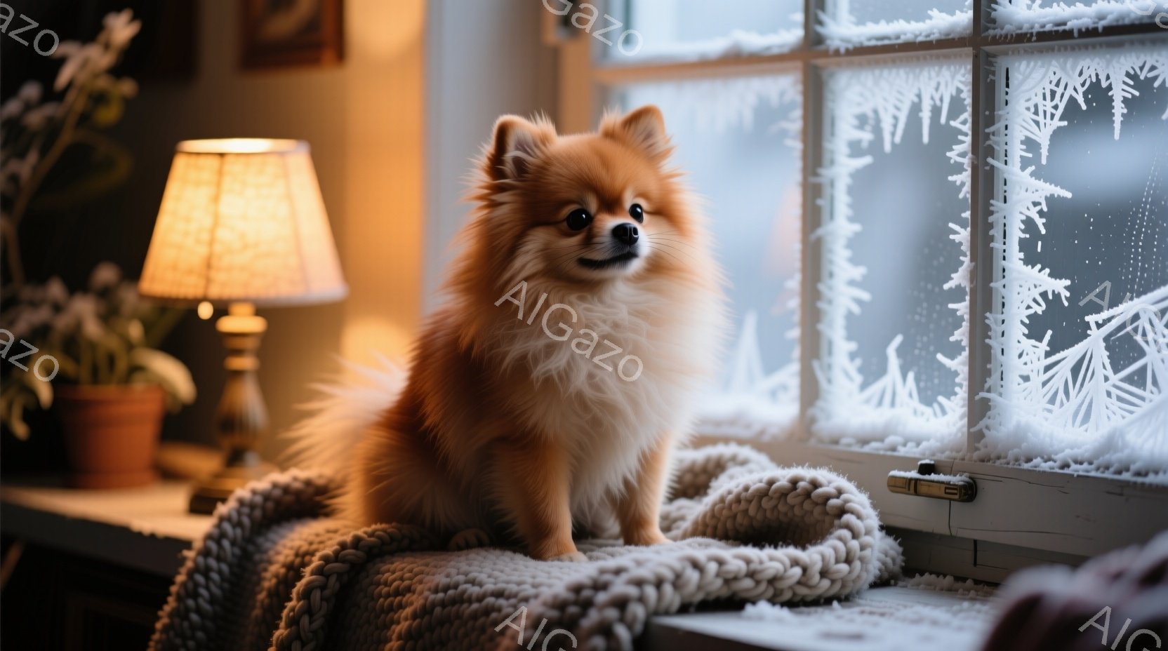 窓辺にふわふわのクリーム色のブランケットが敷かれ、その上にオレンジ色の毛並みの美しいポメラニアンが座っています。窓ガラスには霜が降りており、室内は暖かく穏やかな雰囲気です。犬は前足を揃え、まっすぐ前を - AI生成フリー素材