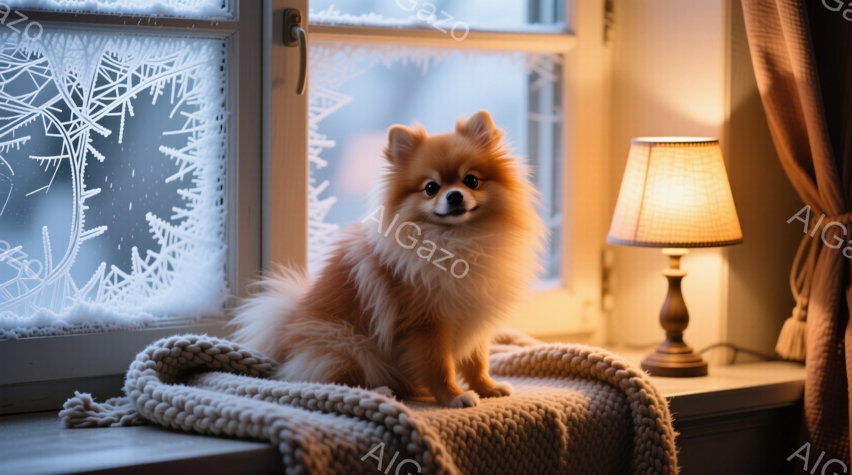 クリーム色のふわふわとした毛並みの小型犬が、窓辺の白いニットのブランケットの上に座っています。犬は正面を見て少し微笑んでいるようで、背景には雪で覆われた窓と温かい光を放つテーブルランプが見えます。全体的に、暖かく穏やかな冬の日の雰囲気が漂っています。