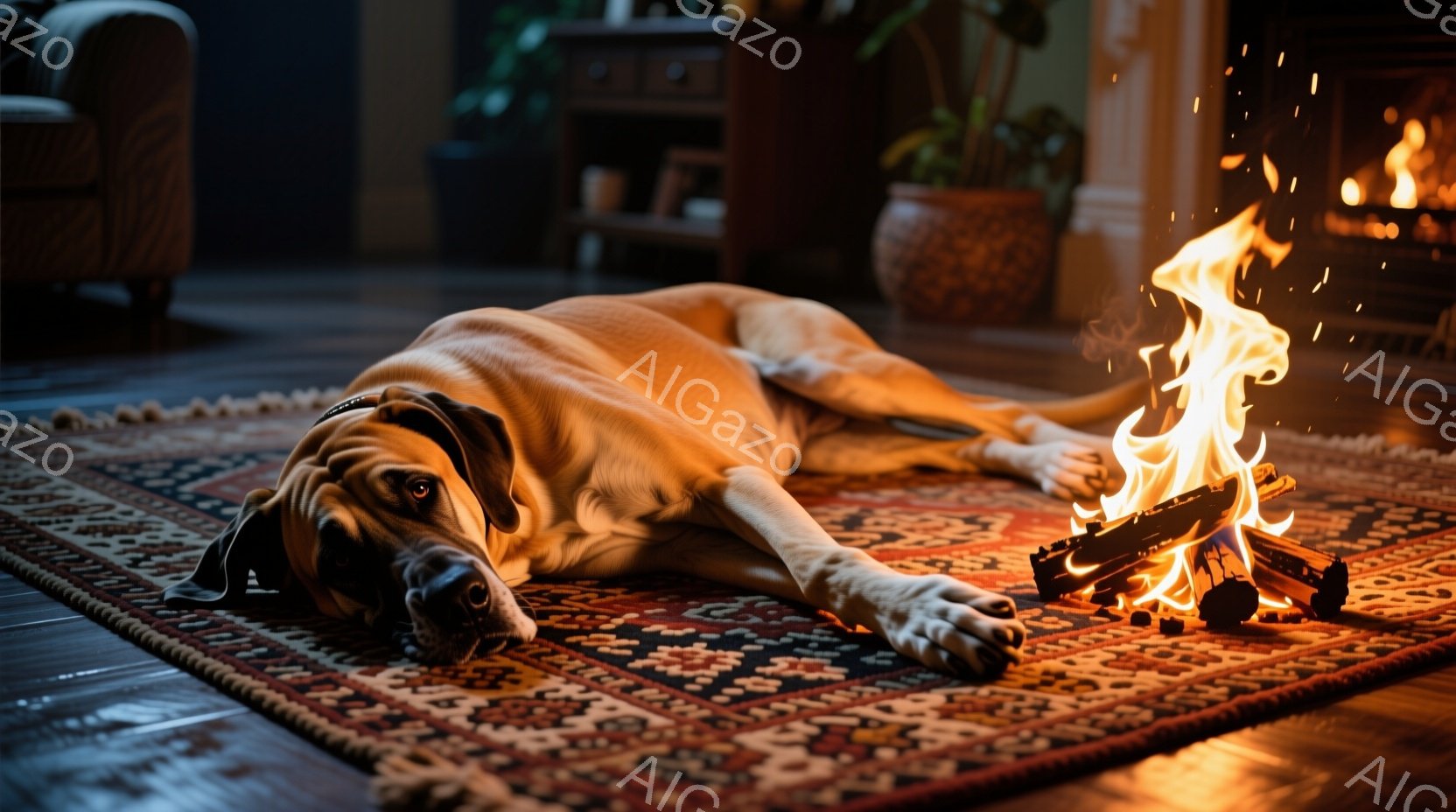 カーペットの上に横たわる大きな犬が写っています。暖炉の火が犬の近くで燃えており、部屋全体が暖かいオレンジ色に照らされています。背景には家具や植物が見え、落ち着いた家庭的な雰囲気を醸し出しています。 - AI生成フリー素材
