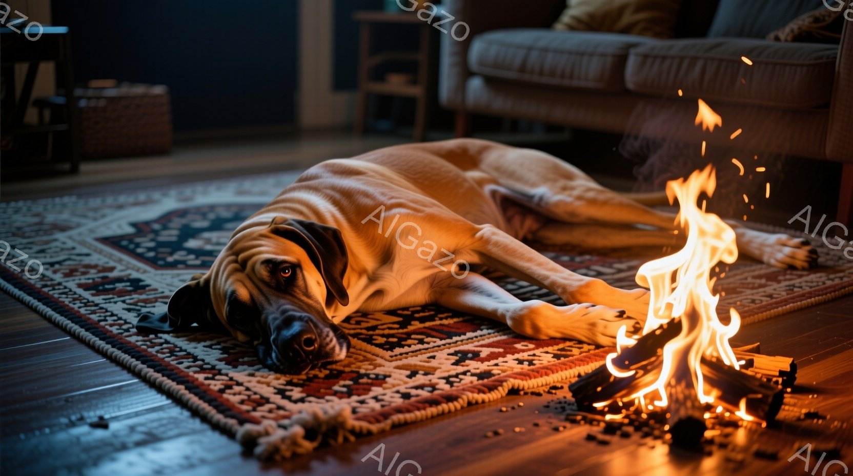 暖炉のそばの絨毯の上で、大きな犬が横たわっています。犬はリラックスした様子で、床を見つめています。背景には木製の床と家具があり、暖かく居心地の良い雰囲気です。