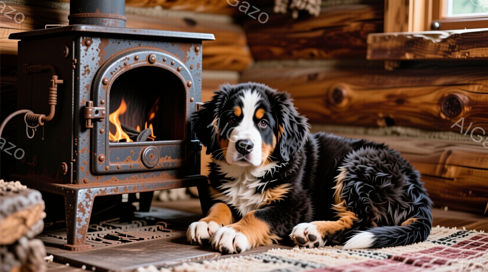大きなベルニーズ・マウンテン・ドッグが、暖炉のそばのカーペットの上に横たわっています。犬は黒、白、茶色の毛並みで、リラックスした表情でカメラを見ています。背景は木の壁で覆われ、暖炉の火が温かい光を放ち - AI生成フリー素材