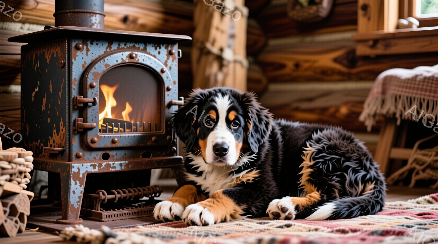 暖炉のそばで、ベルン山犬がカーペットの上に横たわっています。犬は黒、白、茶色の毛並みで、穏やかで優しい表情をしています。背景は木製の壁と自然な雰囲気のインテリアで、温かく居心地の良い空間が演出されてい - AI生成フリー素材