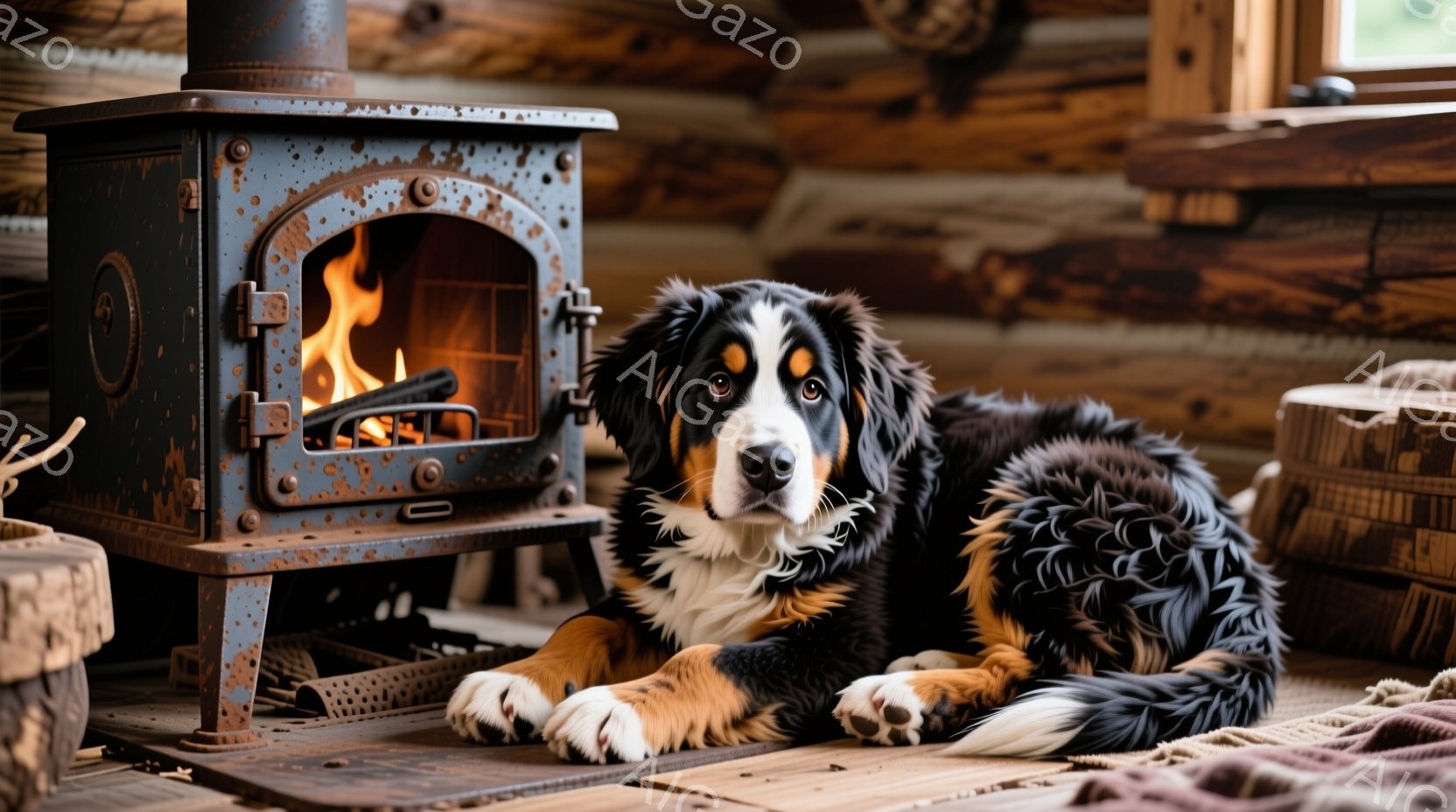 暖炉のそばで、黒と白と茶色の毛並みを持つ大型のバーニーズ・マウンテン・ドッグがリラックスして横たわっています。犬は正面を見つめ、穏やかで落ち着いた表情を浮かべており、その大きな体は木製の床にゆったりと広がっています。背景には木製の壁が見え、素朴で温かい雰囲気が漂っています。