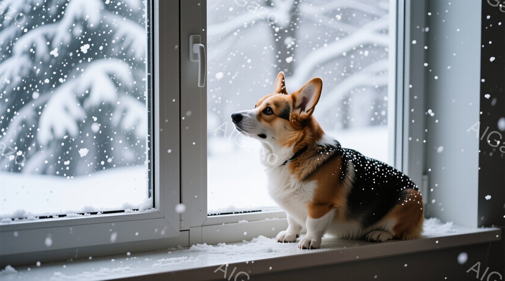白い窓辺に、茶色と黒のコルギ犬が座り、外を眺めている。雪が降り積もり、窓の外にはうっすらと木々が見える冬の風景が広がっている。犬は少し憂いを帯びた表情で、穏やかながらもどこか寂しげな雰囲気を醸し出して - AI生成フリー素材