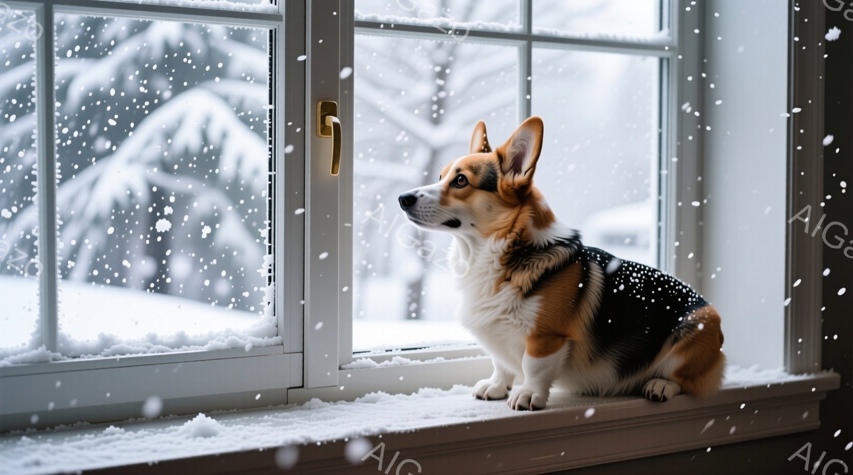 白い窓枠にコルギ犬が座り、外の雪景色を眺めている。犬は茶色と白の毛並みで、少し上を見上げており、冬の静寂と安らぎを感じさせる。背景は雪に覆われた庭と、ぼやけた建物で、全体的に穏やかで暖かい雰囲気である - AI生成フリー素材
