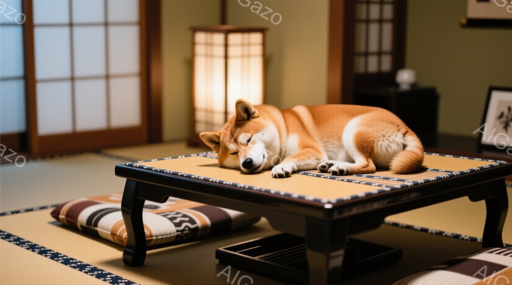畳の上に黒い脚付きの台があり、その上に柴犬が横たわって眠っています。犬はオレンジ色の毛並みで、リラックスした表情をしており、台の上には青い縁取りの枕が置かれています。部屋は和風で、障子や落ち着いた照明 - AI生成フリー素材