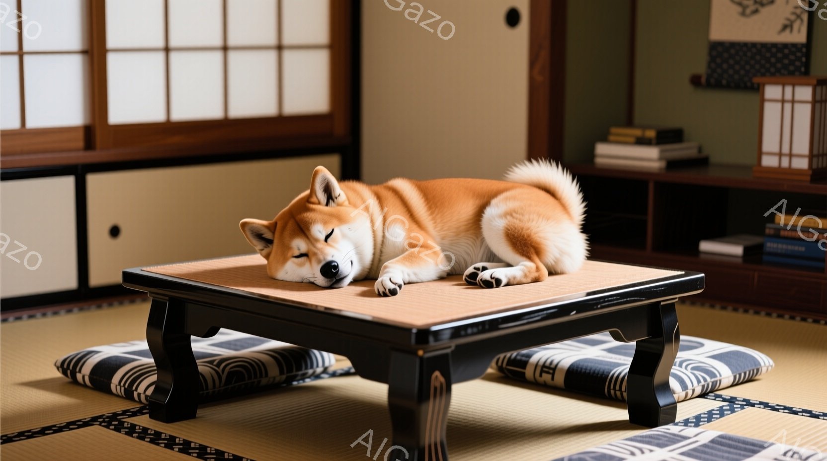 柴犬が畳の上に置かれた低い黒いテーブルの上で丸まって眠っています。部屋は伝統的な和室で、背景には本棚と障子窓が見え、落ち着いた静かな雰囲気が漂っています。犬はリラックスした姿勢で、穏やかな休息を楽しん - AI生成フリー素材
