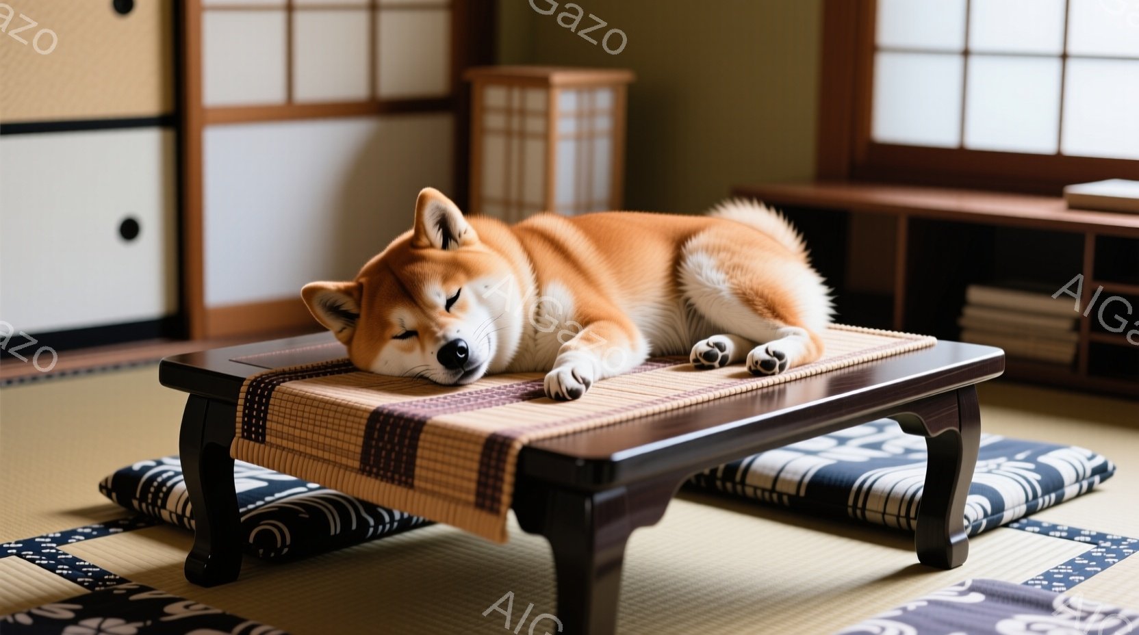 鮮やかな赤毛の柴犬が、畳の上に置かれた低い木製の台にゆったりと横たわっています。犬は目を閉じ、リラックスした表情で、まるで人間が使うような台を自分のベッドのように利用しています。背景には日本の伝統的な - AI生成フリー素材
